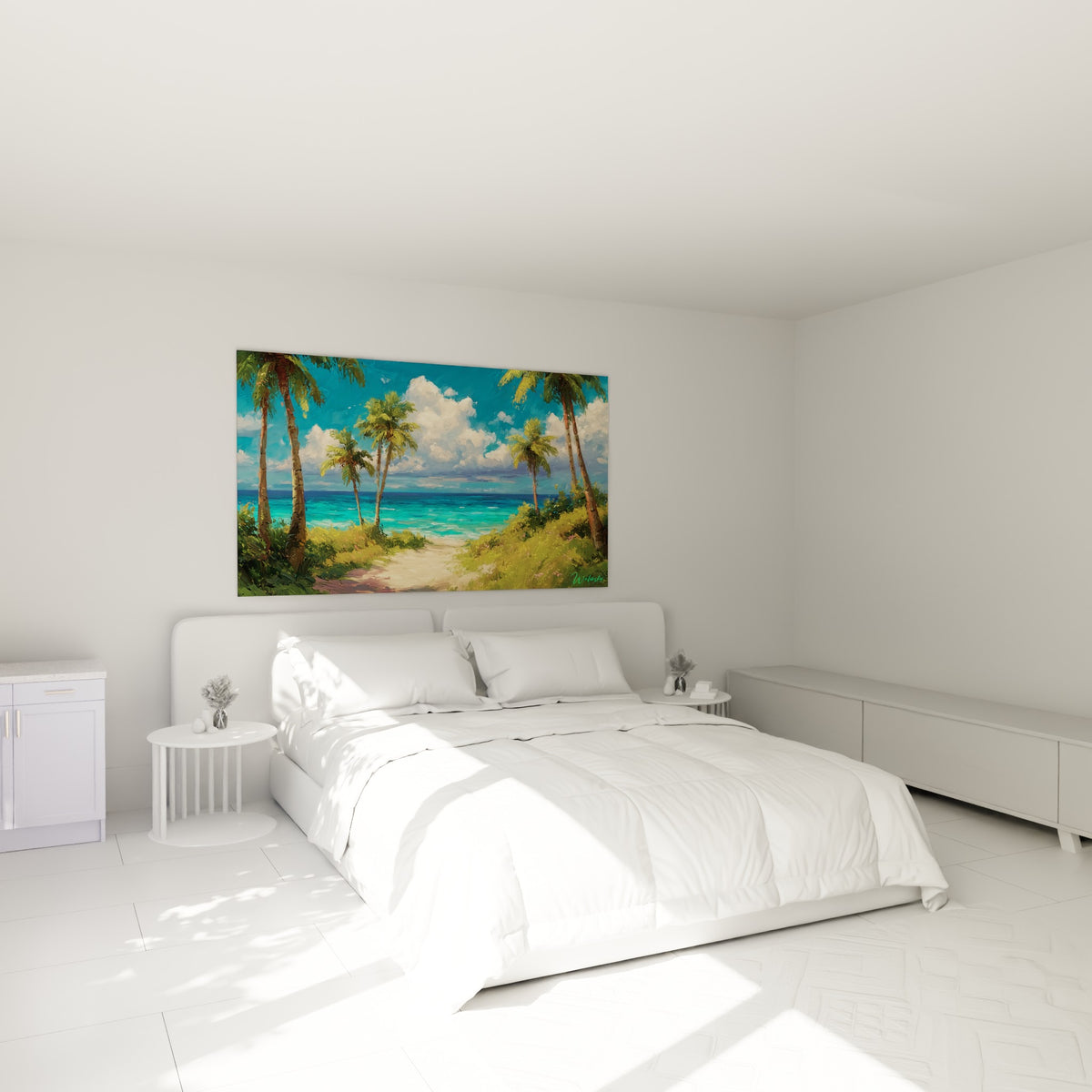 Sentier tropical bordé de palmiers verts et mer turquoise, accroché au-dessus d'un lit dans une chambre claire
