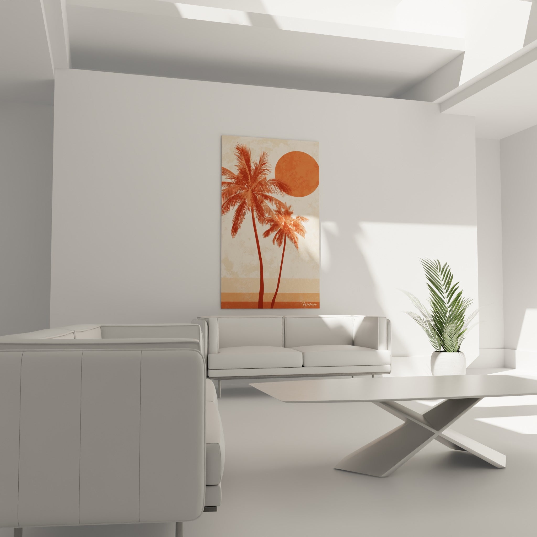 Deux palmiers ocre et soleil terracotta accrochés au-dessus d'un canapé dans un salon lumineux