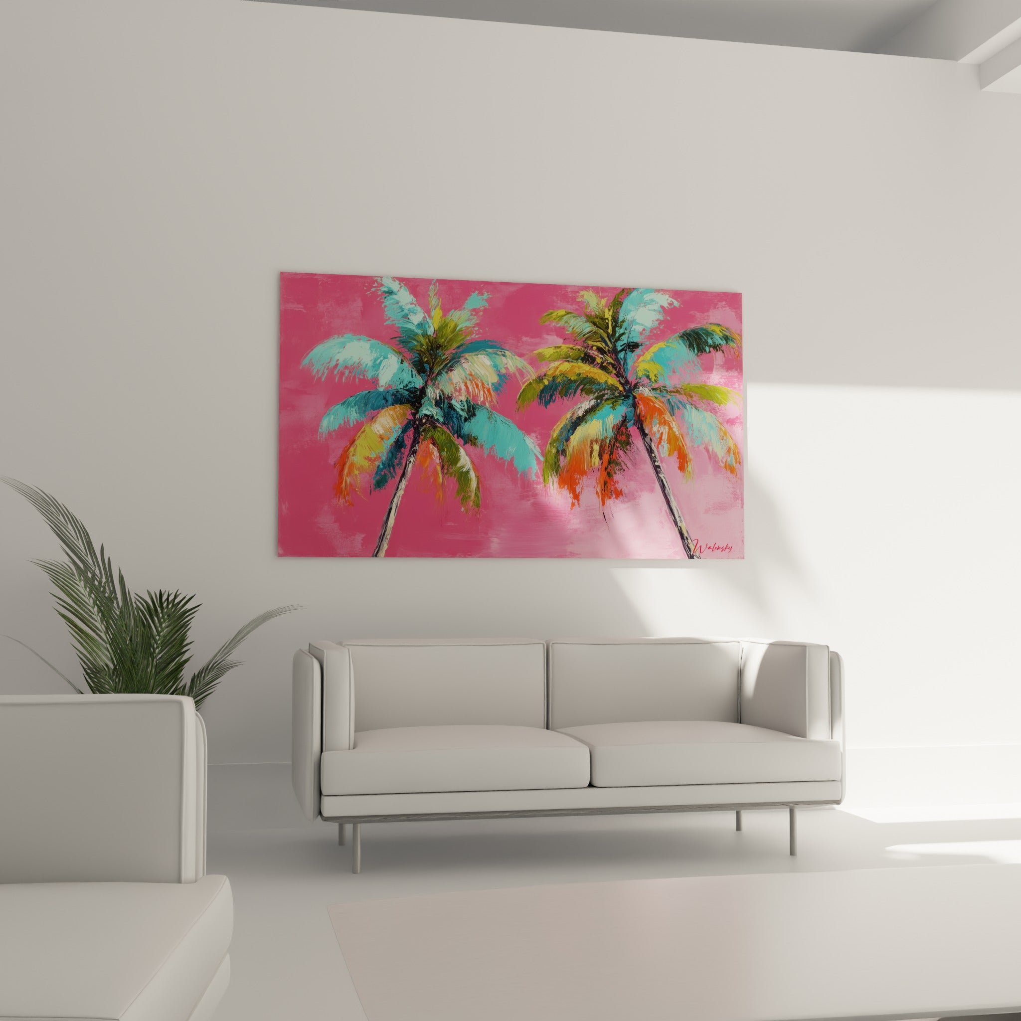 Deux palmiers roses et turquoise accrochés au-dessus d'un canapé dans un salon lumineux