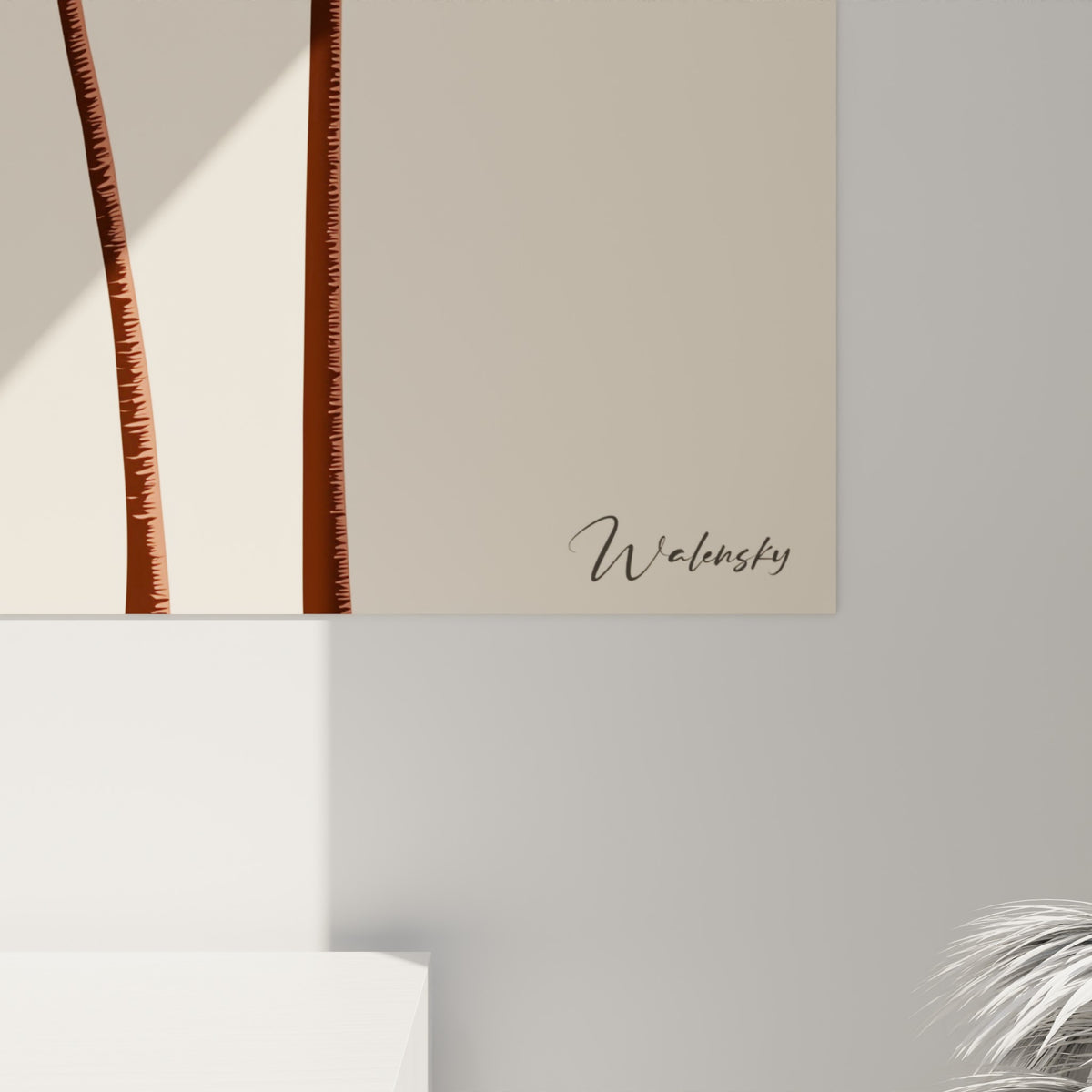Détail des palmes brunes et du disque terracotta révélant la texture nette de l'impression graphique