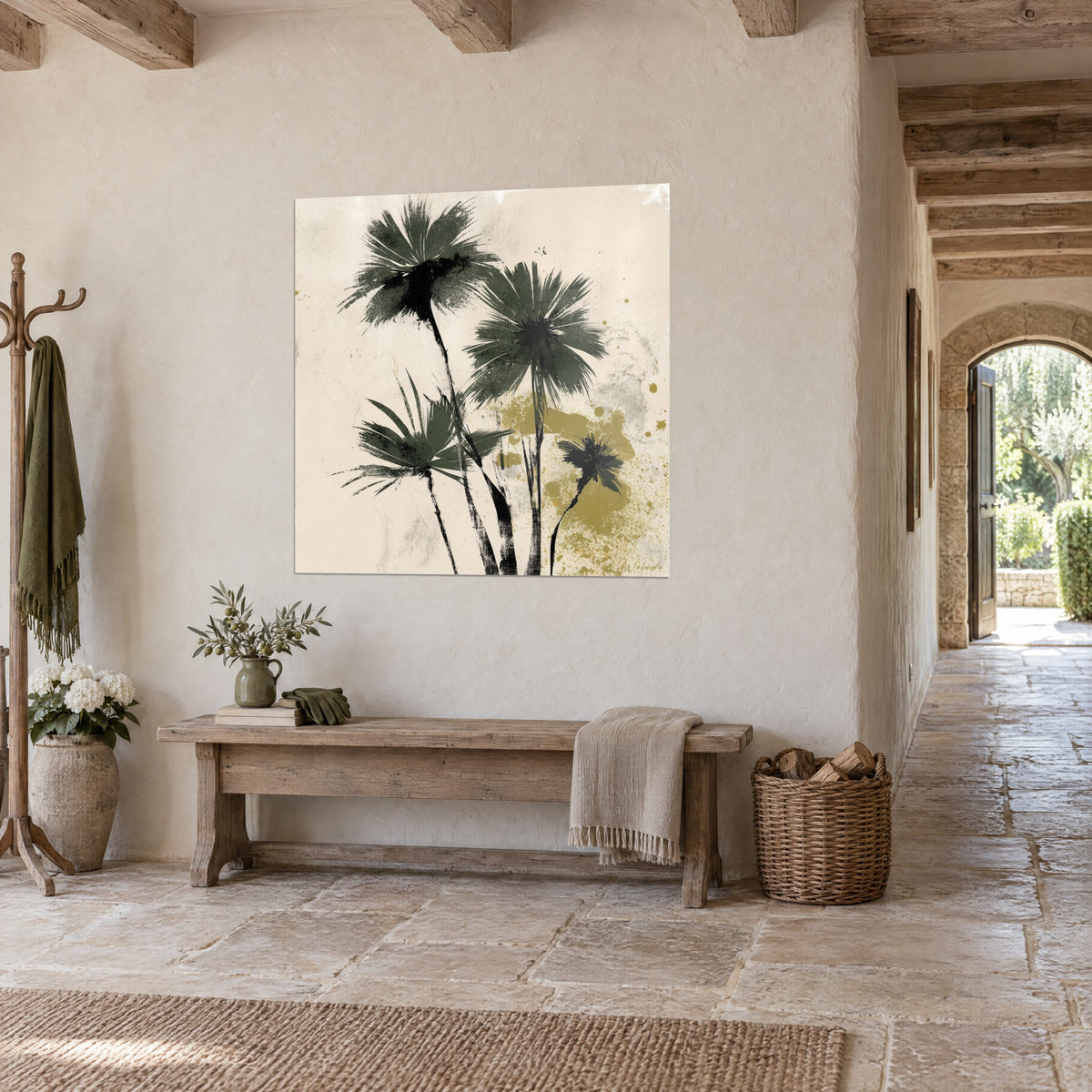 Wall art four fan-shaped palm fronds in fir green with black trunks, ochre and olive splashes, stone wall and rustic wooden bench