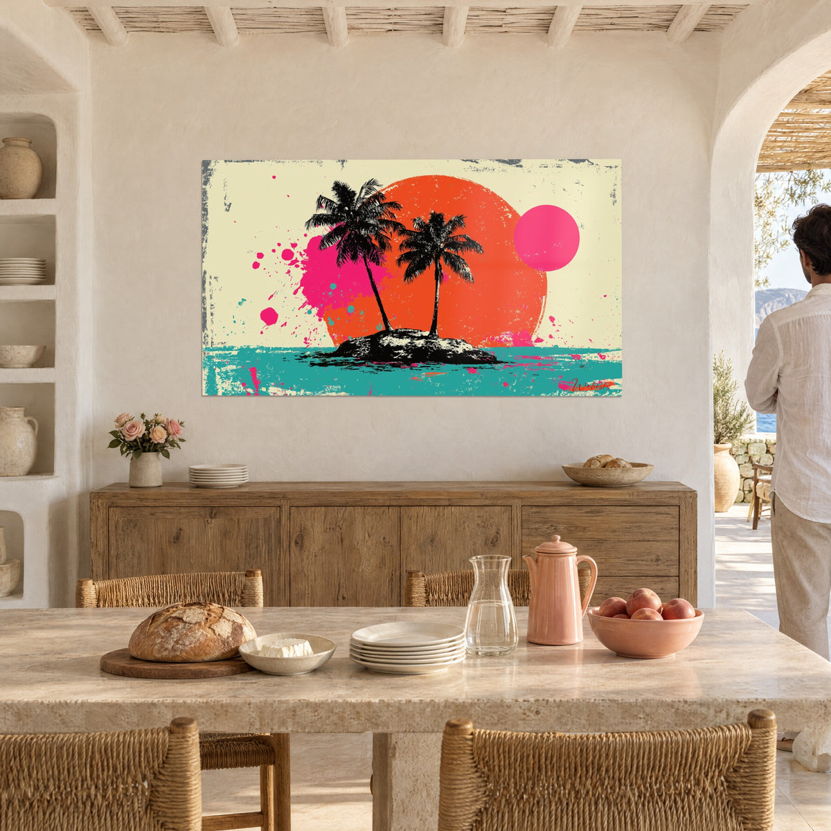 Wall art screen-printed desert island, black palm trees, large orange sun and pink moon, turquoise sea, couple seen from behind in a dining room