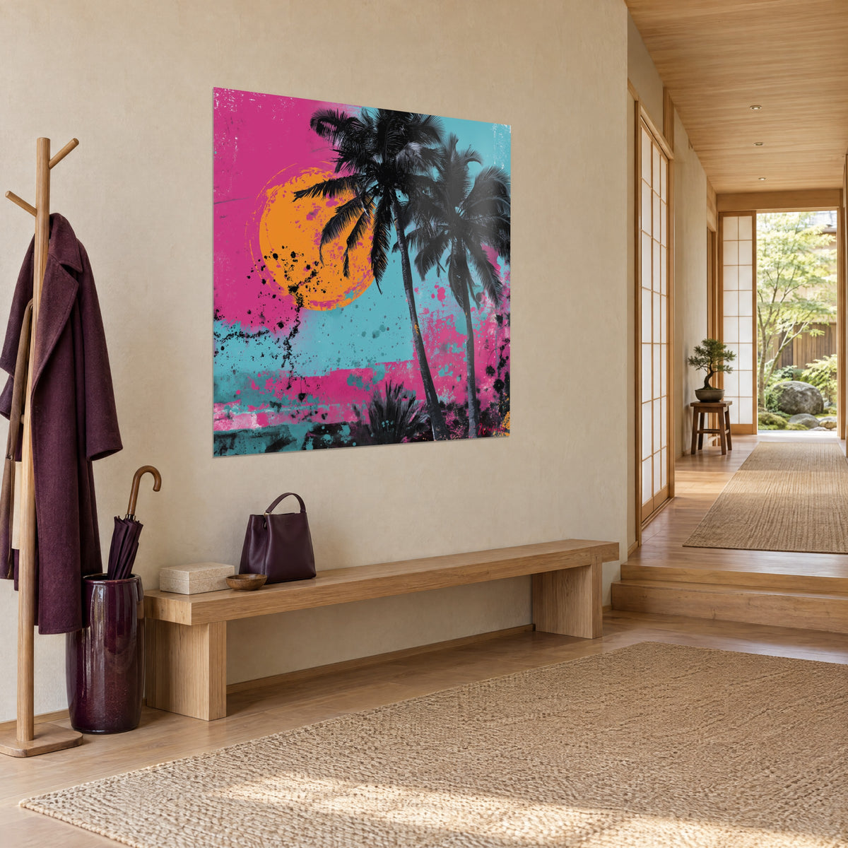 Cuadro de tres cuartos: dos troncos oscuros de palmera delante de un orbe naranja, fondo fucsia y turquesa, en un pasillo de madera clara