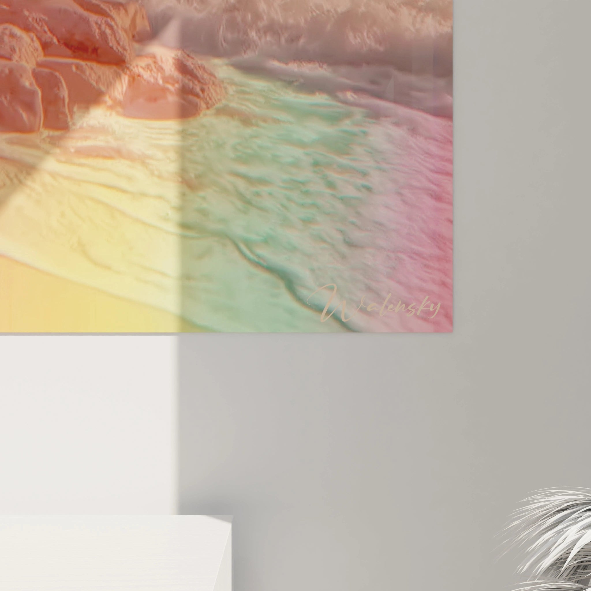 Walensky tableau palmier rétro mural pastel plage vague rochers signature décor moderne