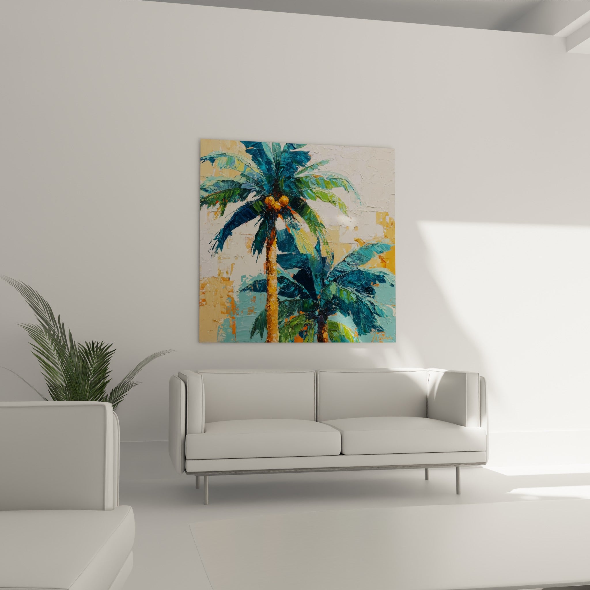 Noix de coco dorées et palmes bleu marine accrochées au-dessus d'un canapé dans un salon lumineux