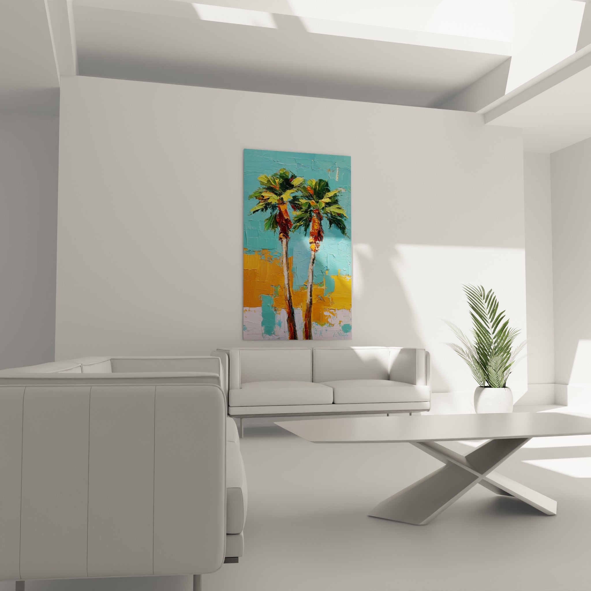 Feuillages verts et troncs bruns des palmiers au-dessus d'un canapé dans un salon lumineux