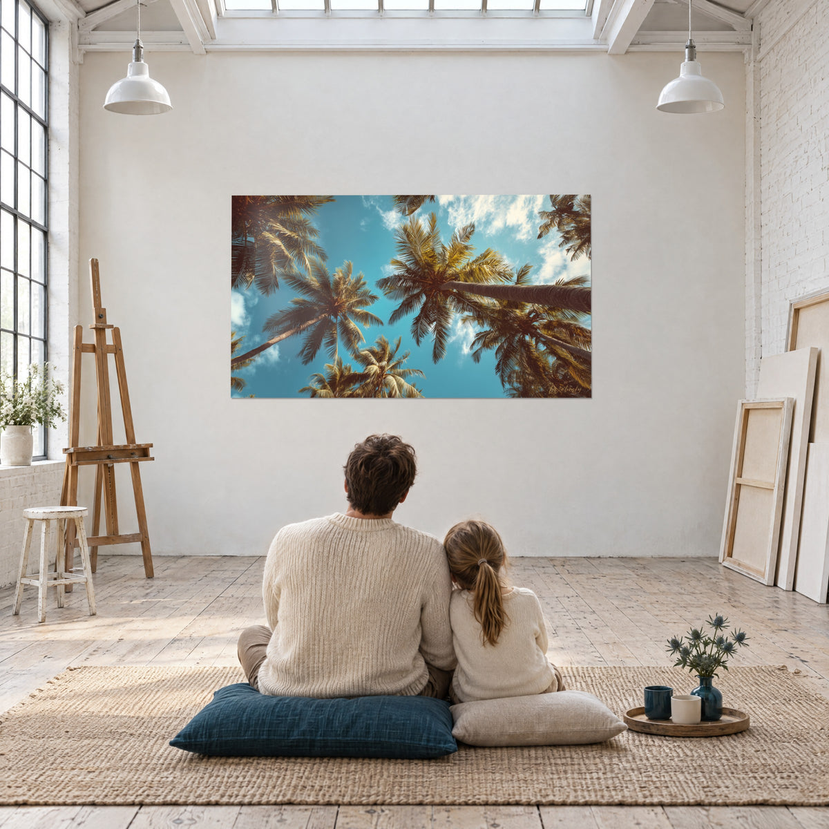 Wall art palm trees with gaps of azure sky, ochre and brown foliage, adult and child seated from behind on a woven rug