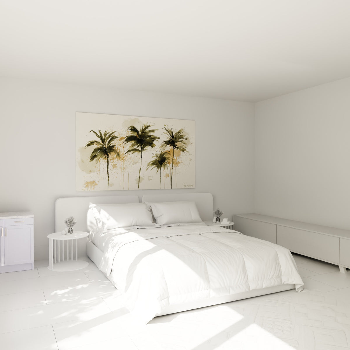 Palmiers verts et ocre déployés en éventail, accrochés au-dessus d'un lit dans une chambre claire