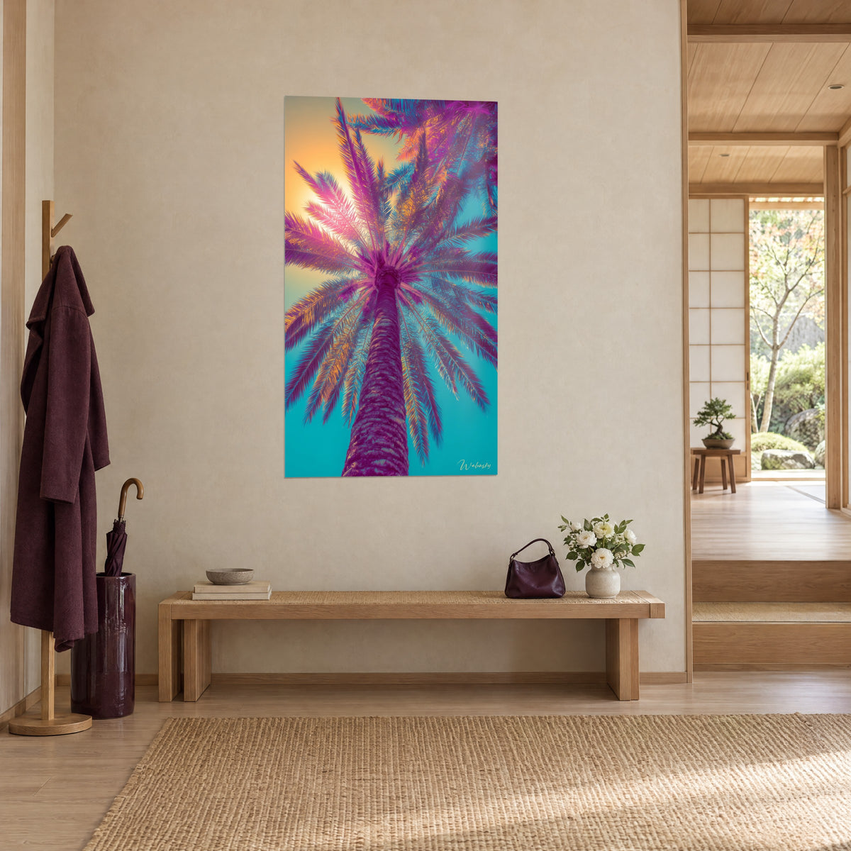 Wall art palm trunk from a low angle, violet fronds against a turquoise sky with an orange glow, cream wall and wooden bench