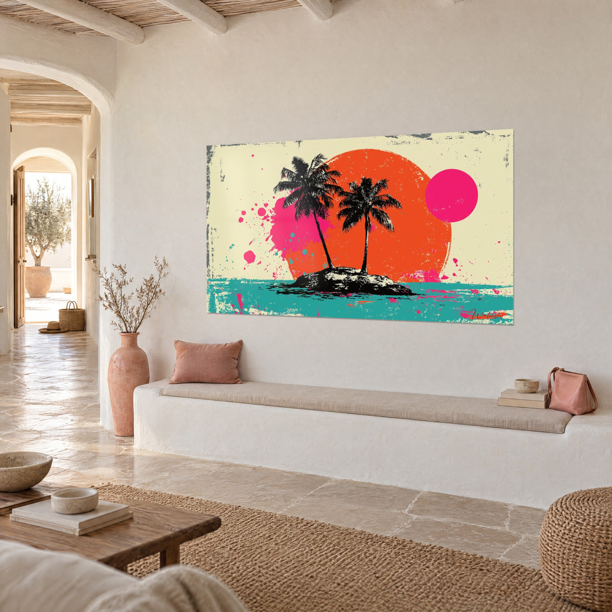 Wall art silhouette of twin palm trees in front of an orange sun, patinated cream background, three-quarter view in a Mediterranean living room