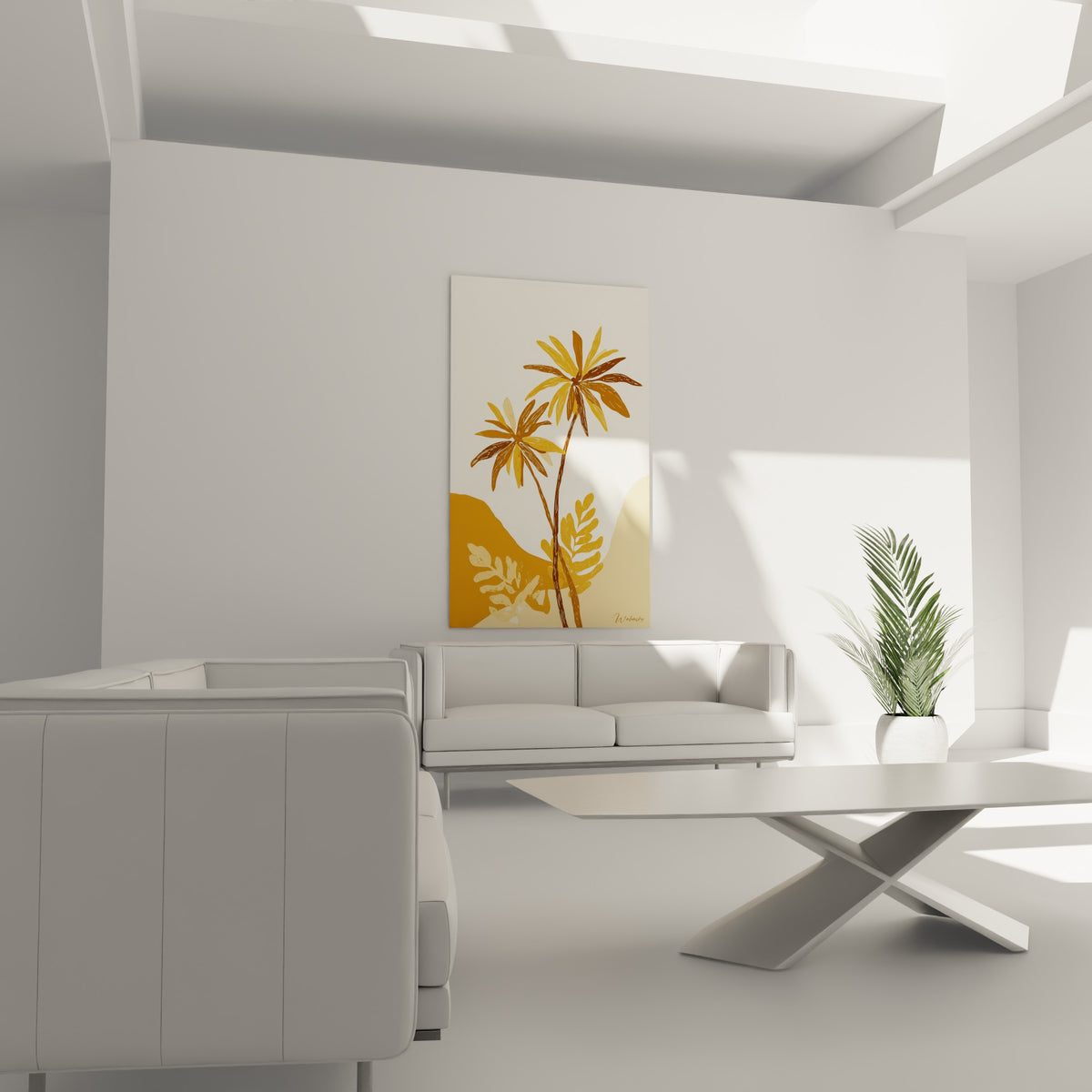 Palmiers ocre et dunes dorées stylisées suspendus au-dessus d'un canapé dans un salon lumineux