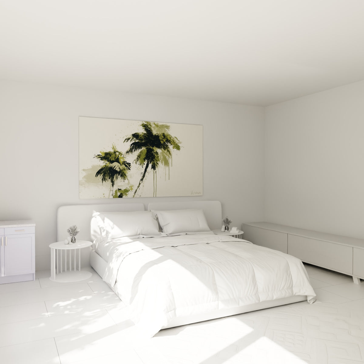 Silhouettes de palmiers kaki et anthracite peintes au geste, accrochées au-dessus d'un lit dans une chambre claire