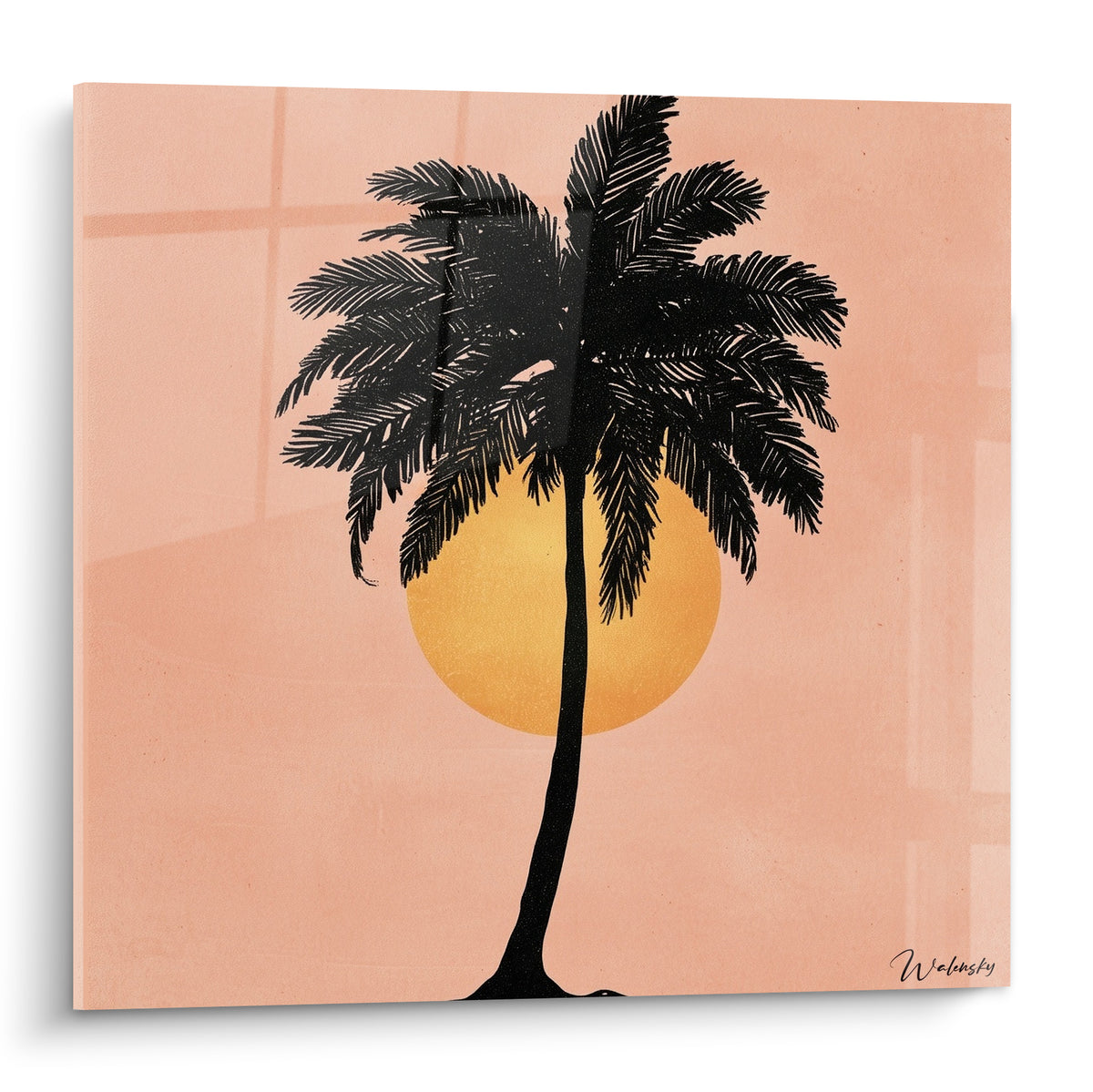 Palmier noir et soleil doré sur fond rose poudré, silhouette graphique tropicale épurée