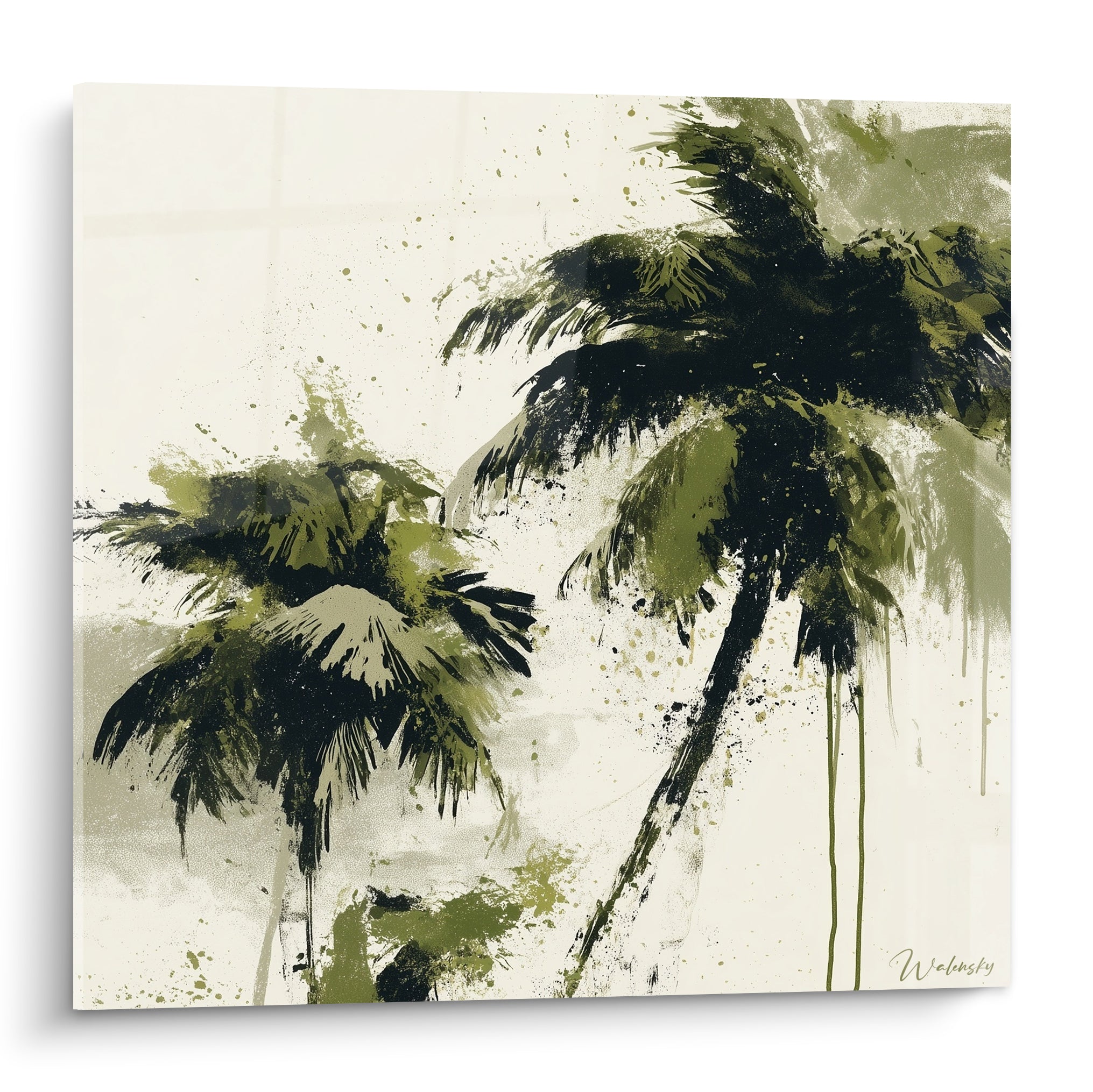 Palmiers noirs et vert olive éclaboussés d'encre sur fond ivoire, composition graphique tropicale