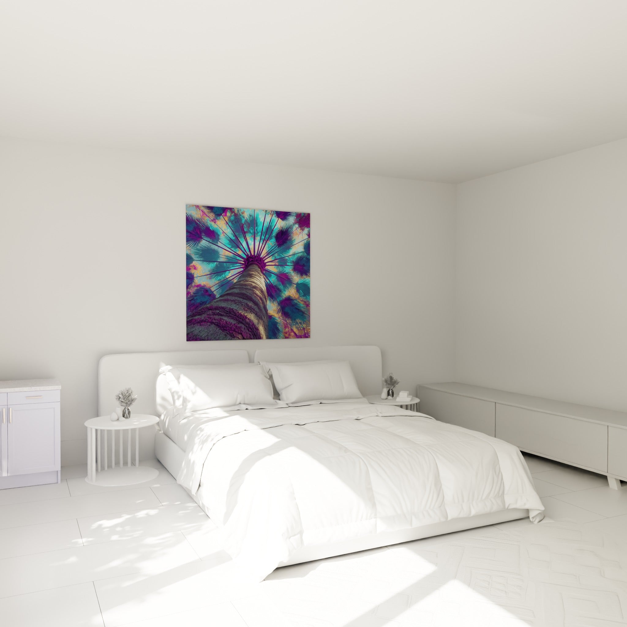 Palmes violettes et turquoise se déployant en étoile, tableau accroché au-dessus d'un lit dans une chambre claire