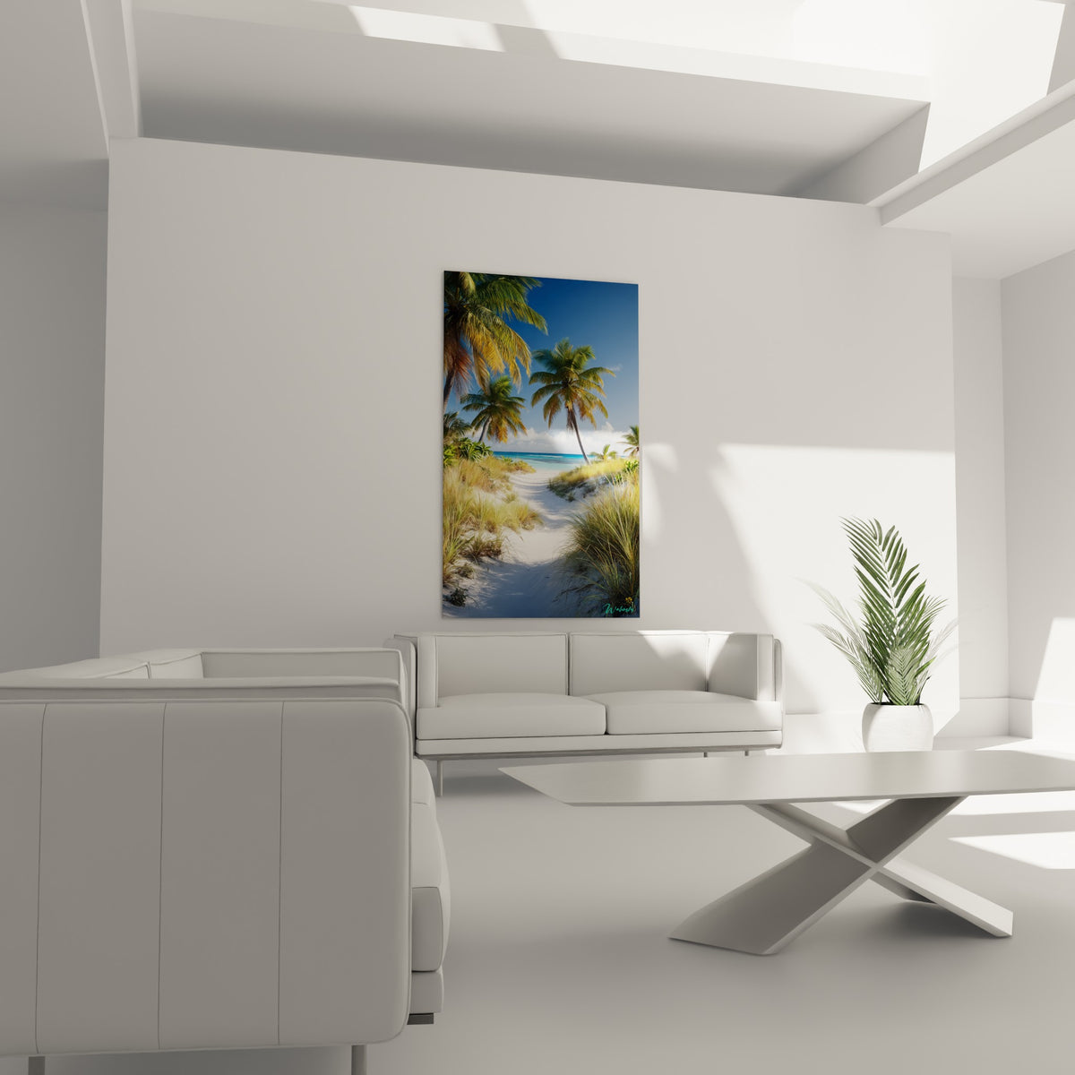 Chemin de dunes avec palmiers dorés et océan turquoise au-dessus d'un canapé dans un salon lumineux