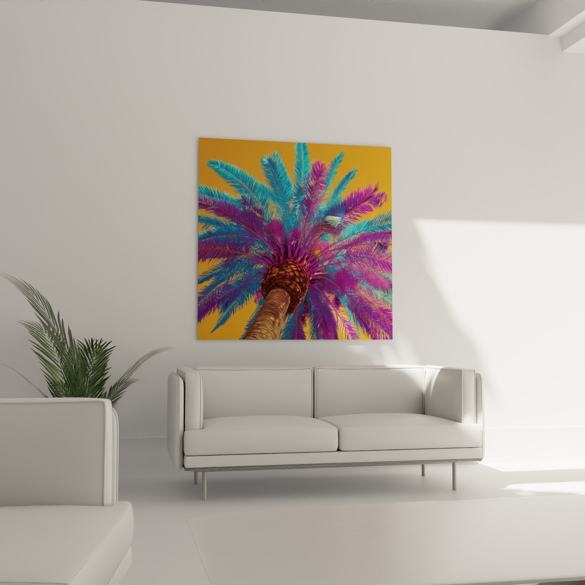 Couronne de palmier ocre et fuchsia disposée au-dessus d'un canapé dans un salon lumineux