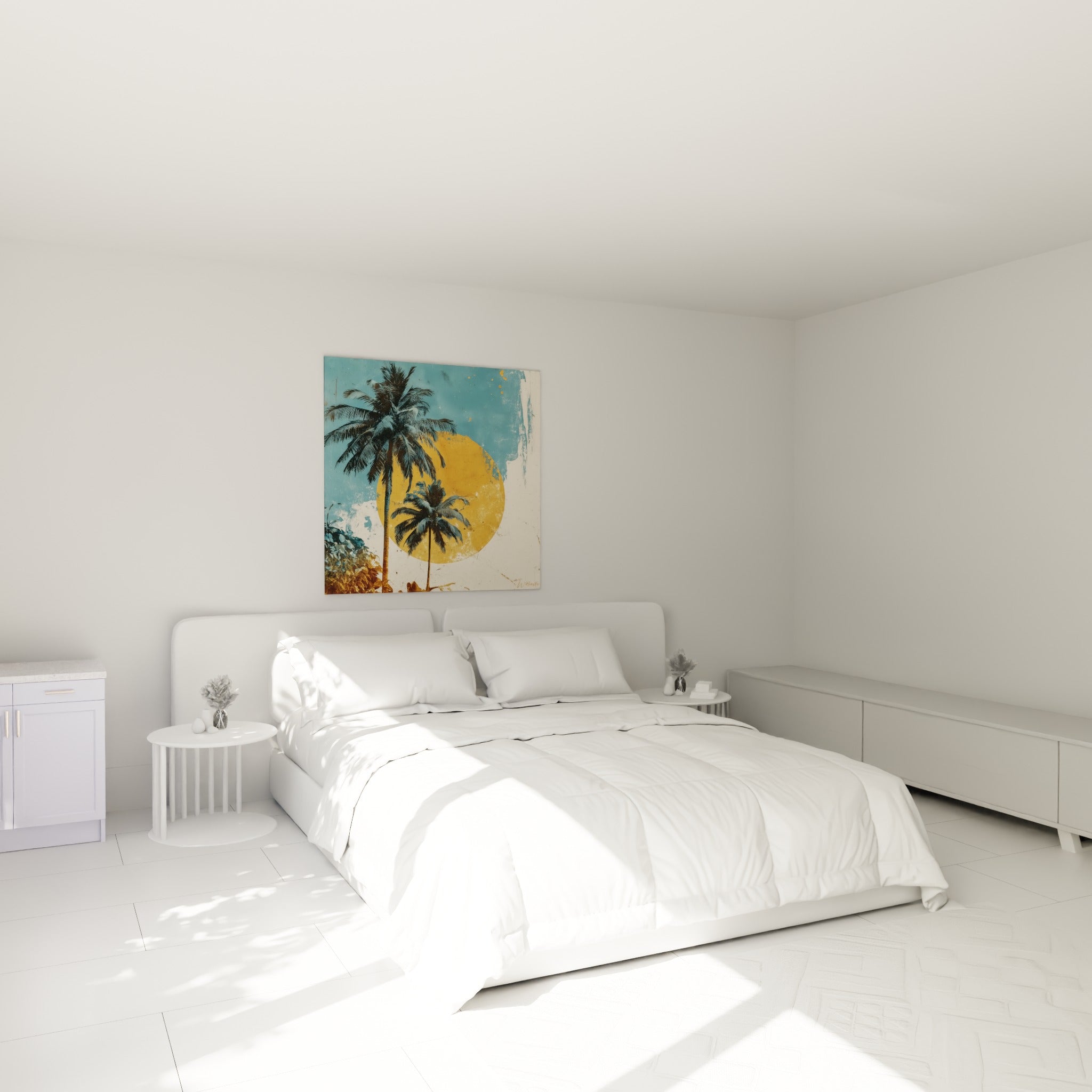 Silhouettes de palmiers bleu pétrole et soleil ocre accrochées au-dessus d'un lit dans une chambre claire