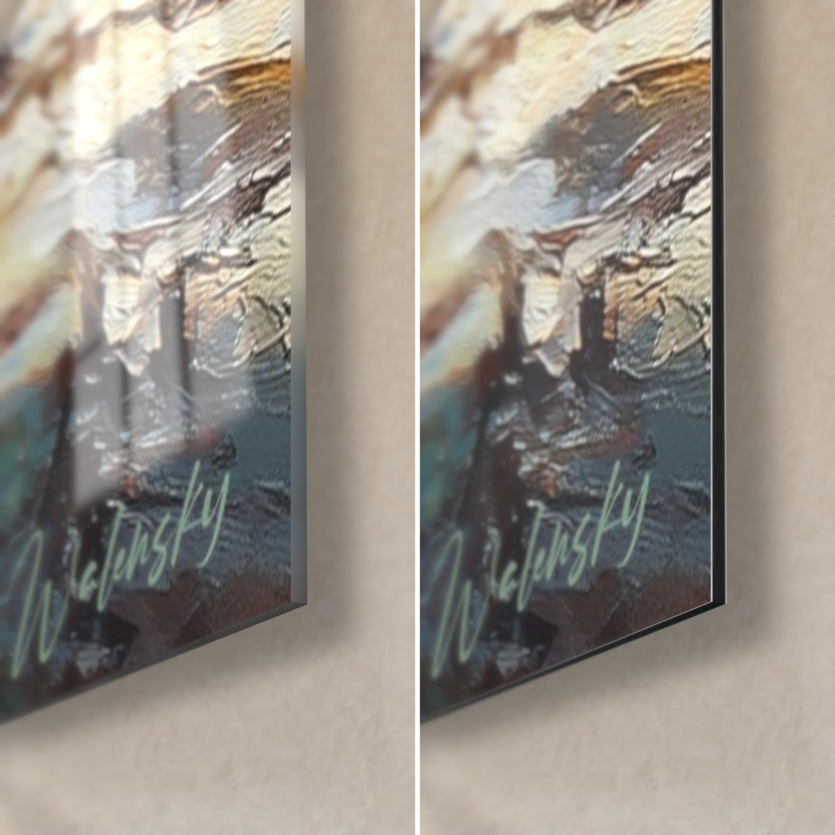 Wall art oil-painted palm tree, bottom right corner: 3 mm black edge, glossy glass on the left, matte Dibond on the right, green signature