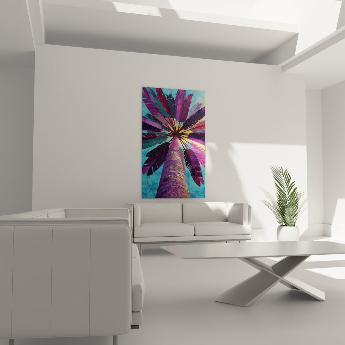 Tronc doré et rose du palmier se dressant vers un ciel turquoise, au-dessus d'un canapé dans un salon lumineux