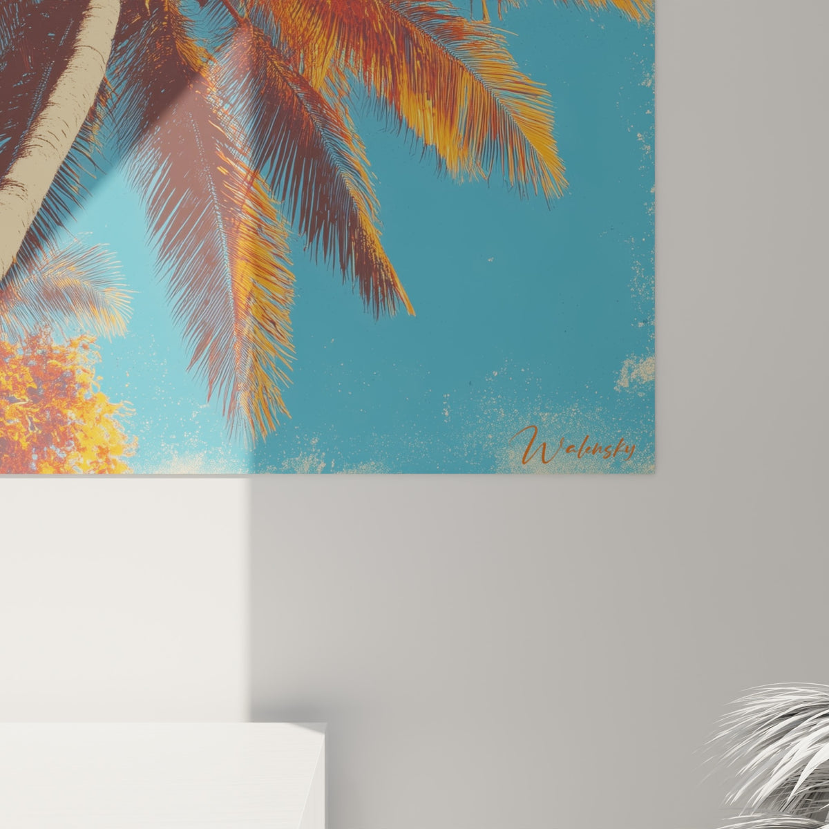 Grain graphique du palmier révélant les touches orange et bleu turquoise qui se superposent sur la toile