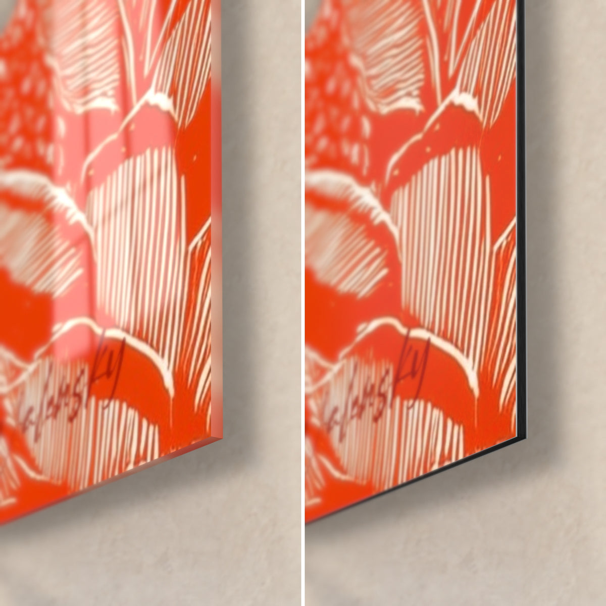 Tableau palmier en gravure orange et ivoire, coin bas droit : verre acrylique brillant à gauche, alu Dibond mat à droite, tranche de 3 mm visible