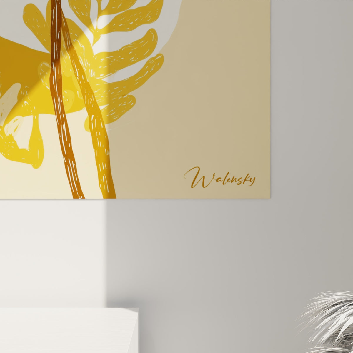 Détail des traits esquissés et des teintes ocre, moutarde et brune composant les feuillages du palmier