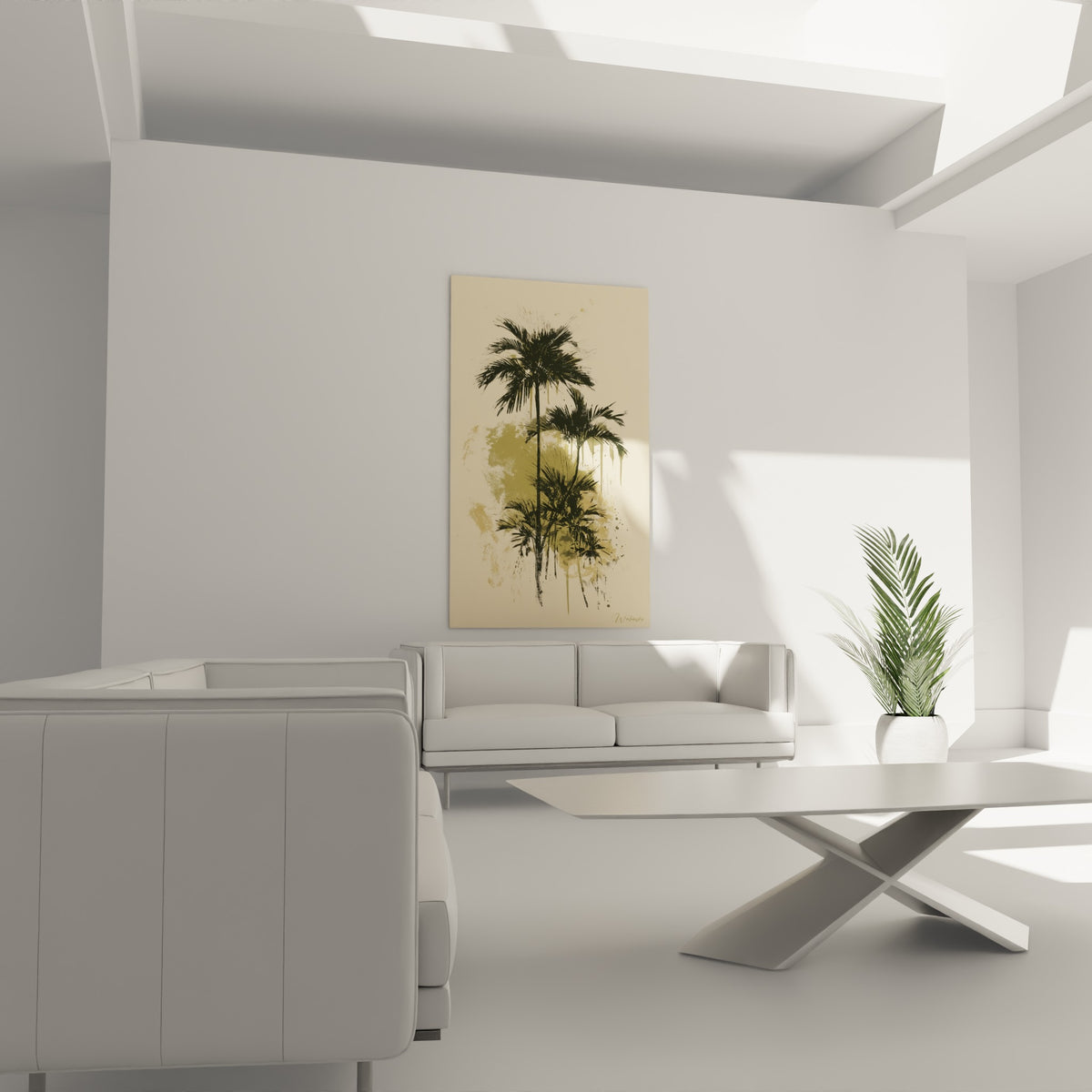 Trois palmiers encrés noir et doré au-dessus d'un canapé dans un salon lumineux