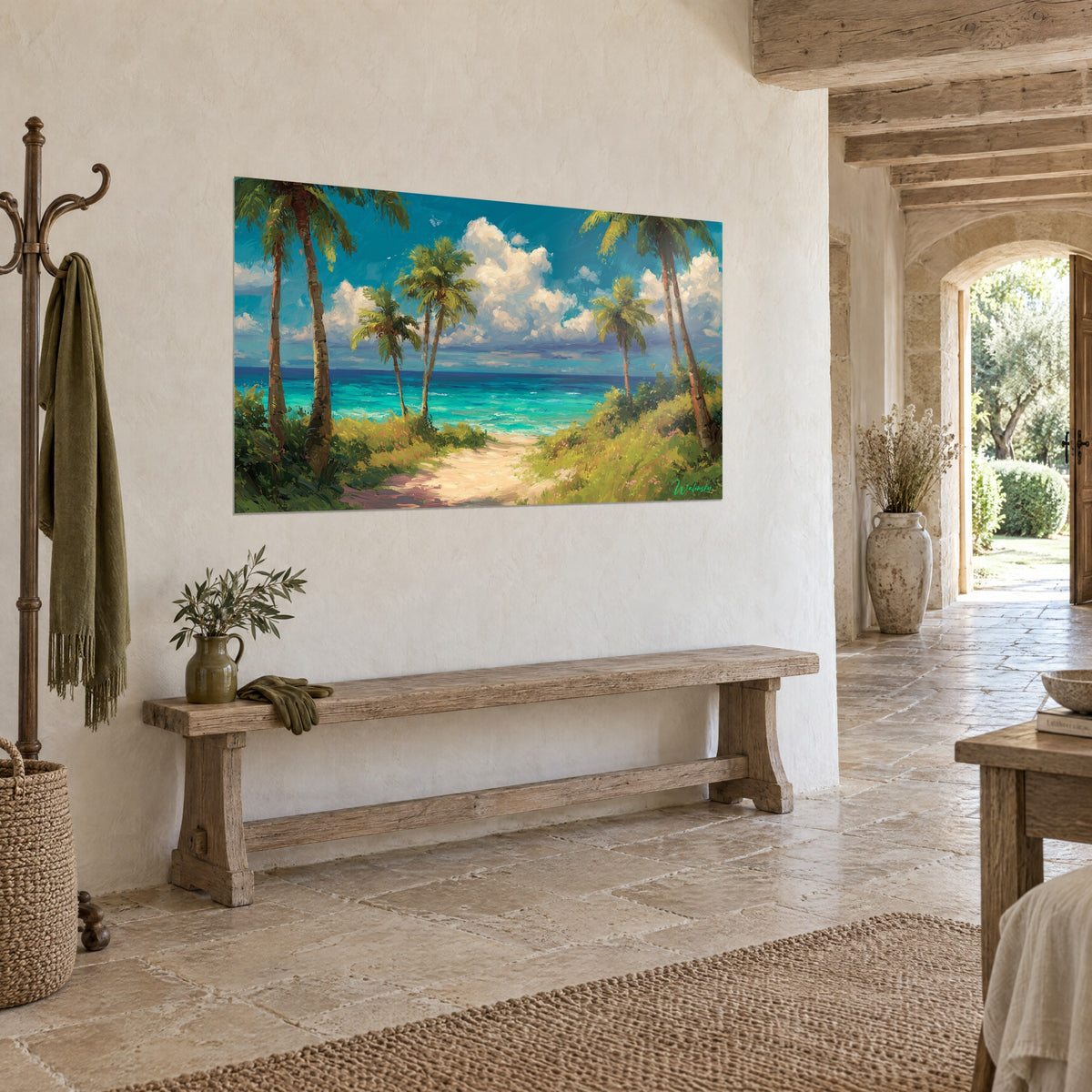 Tableau sentier de sable clair menant à la mer turquoise, herbes vert olive et ciel bleu, sur un mur de pierre