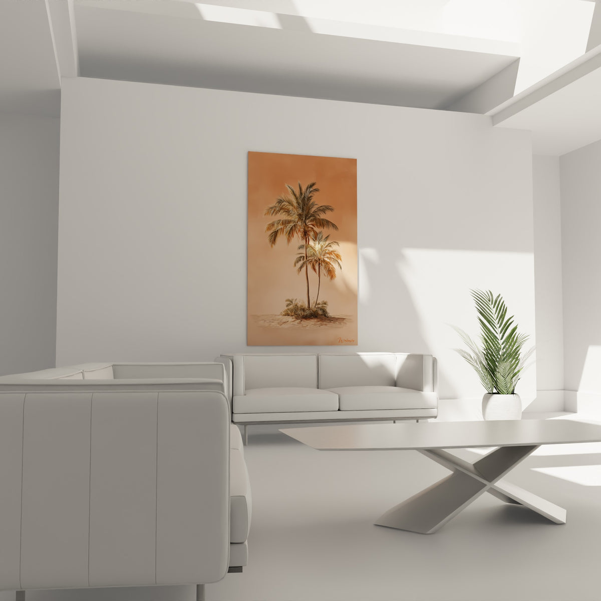 Duo de palmiers terracotta et vert sauge suspendu au-dessus d'un canapé dans un salon lumineux