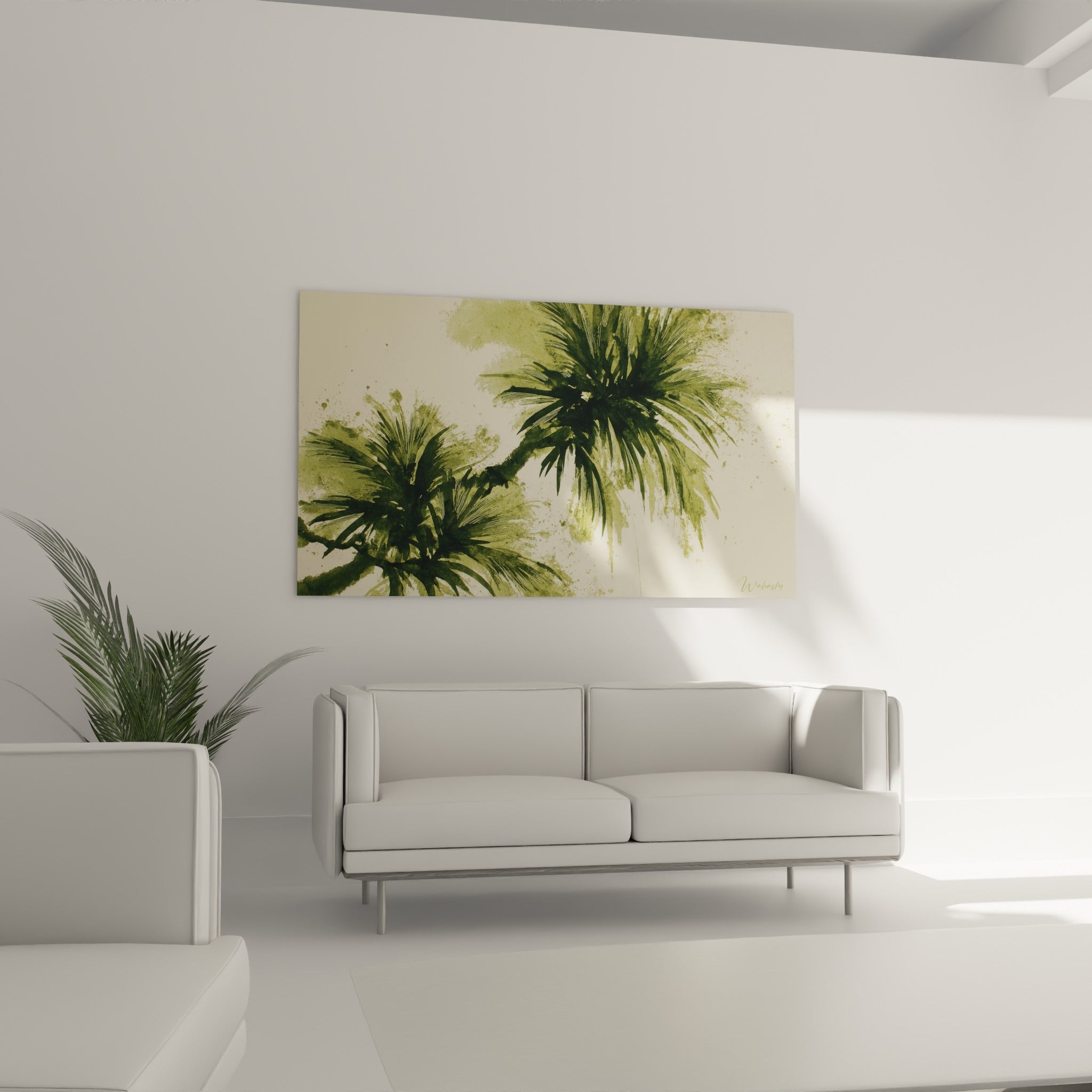 Palmes vertes projetées en aquarelle au-dessus d'un canapé dans un salon lumineux