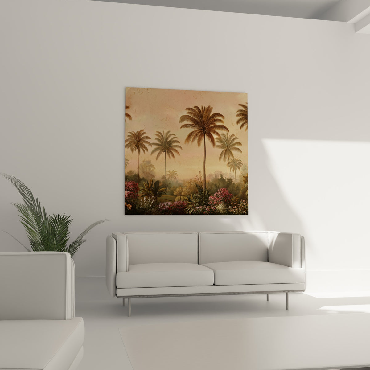 Frondaisons vert sombre et fleurs rouges au premier plan d'un jardin tropical, au-dessus d'un canapé dans un salon lumineux