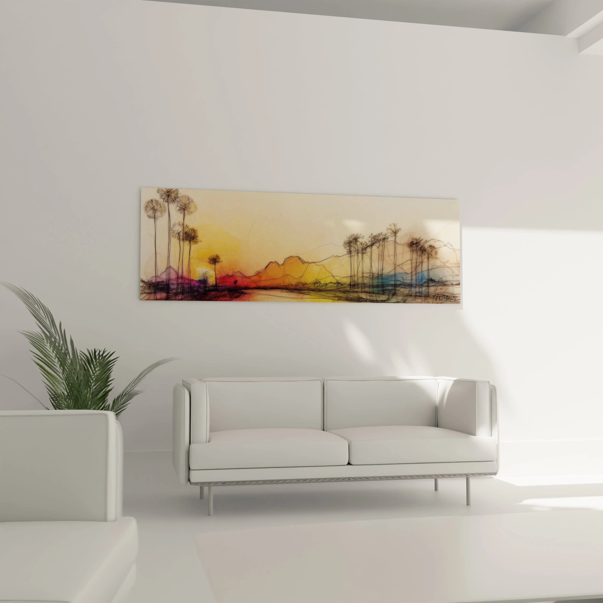 Tableau paysage africain moderne de Walensky représentant des palmiers et montagnes avec des couleurs vives