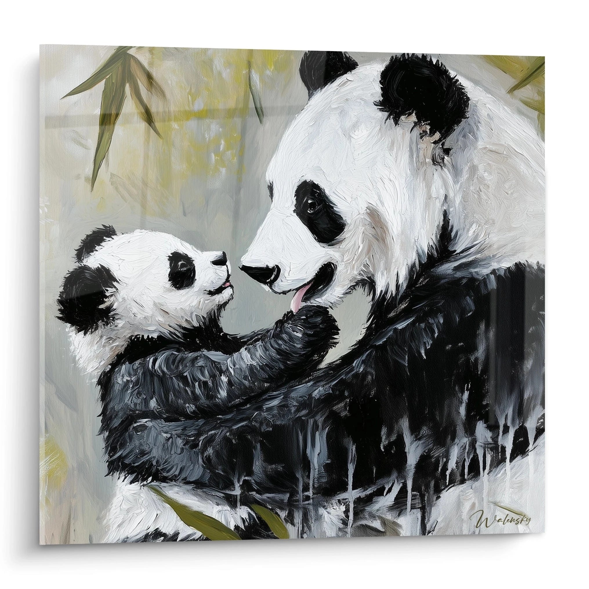 Tableau panda Walensky représentant une mère panda et son bébé dans un style artistique réaliste