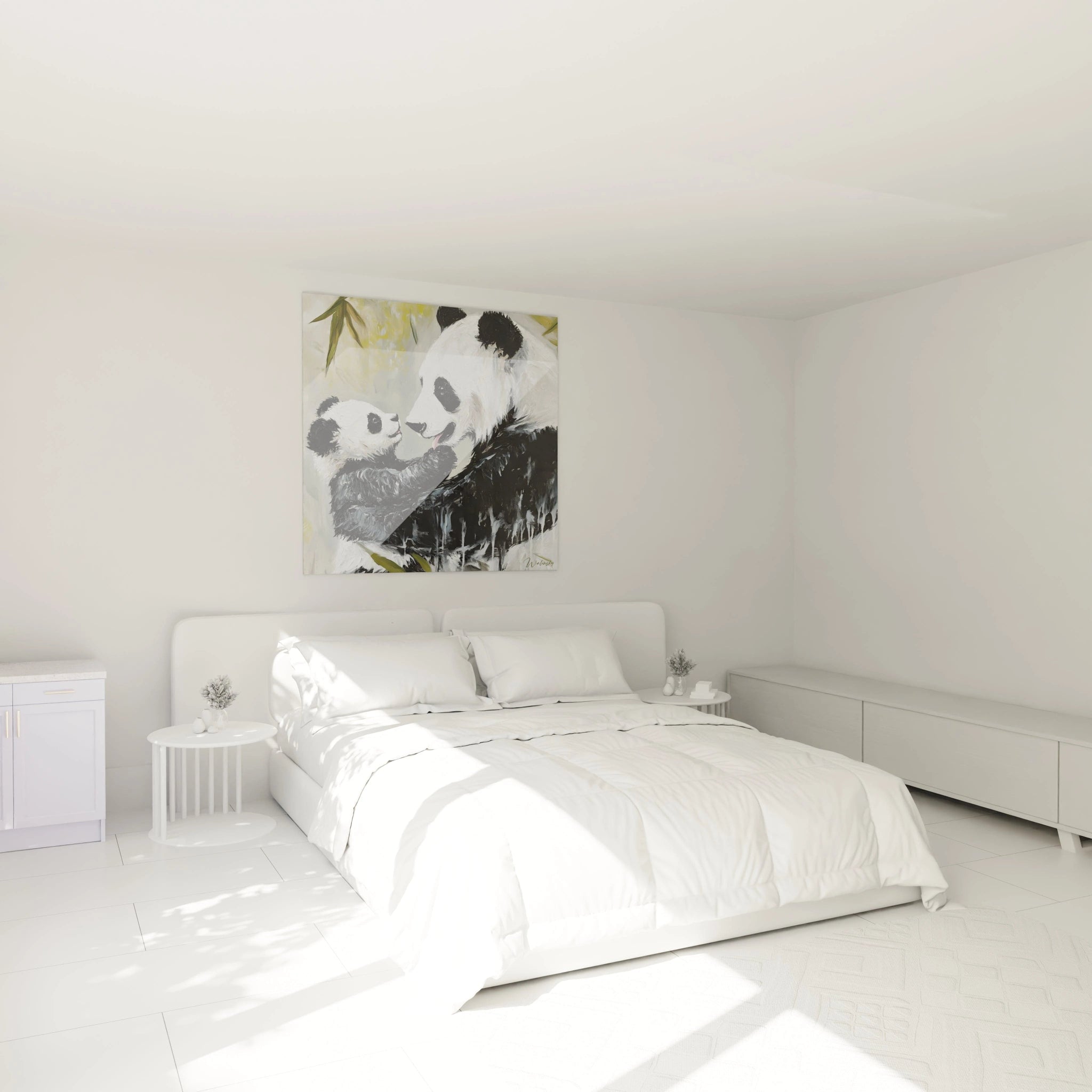 Tableau panda Walensky suspendu dans une chambre blanche moderne avec lit double et mobilier minimaliste