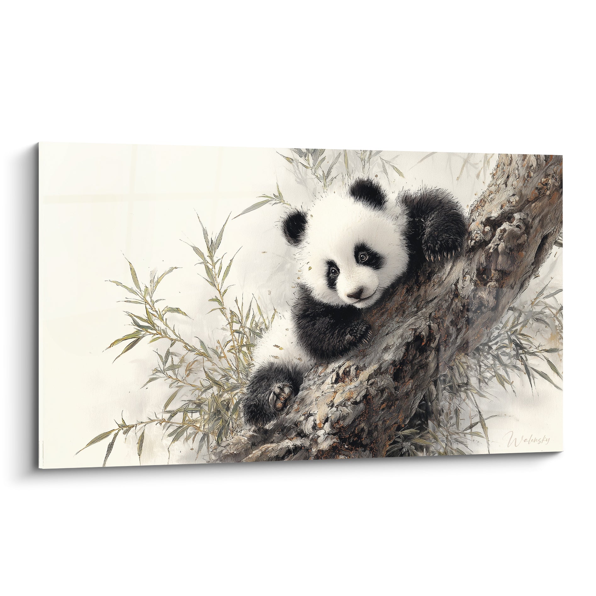 Panda noir et blanc accroché à une branche brune, regard curieux, fond crème aquarelle