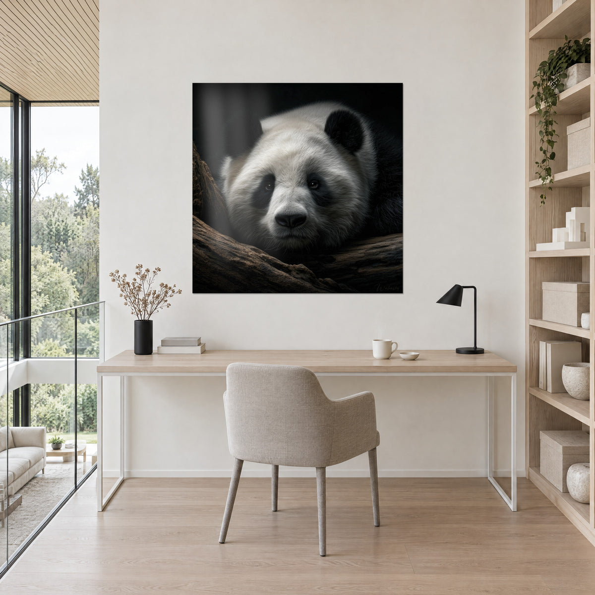 Quadro panda gigante sdraiato su un ramo marrone, sfondo nero e pelliccia avorio, appeso sopra una scrivania in legno chiaro