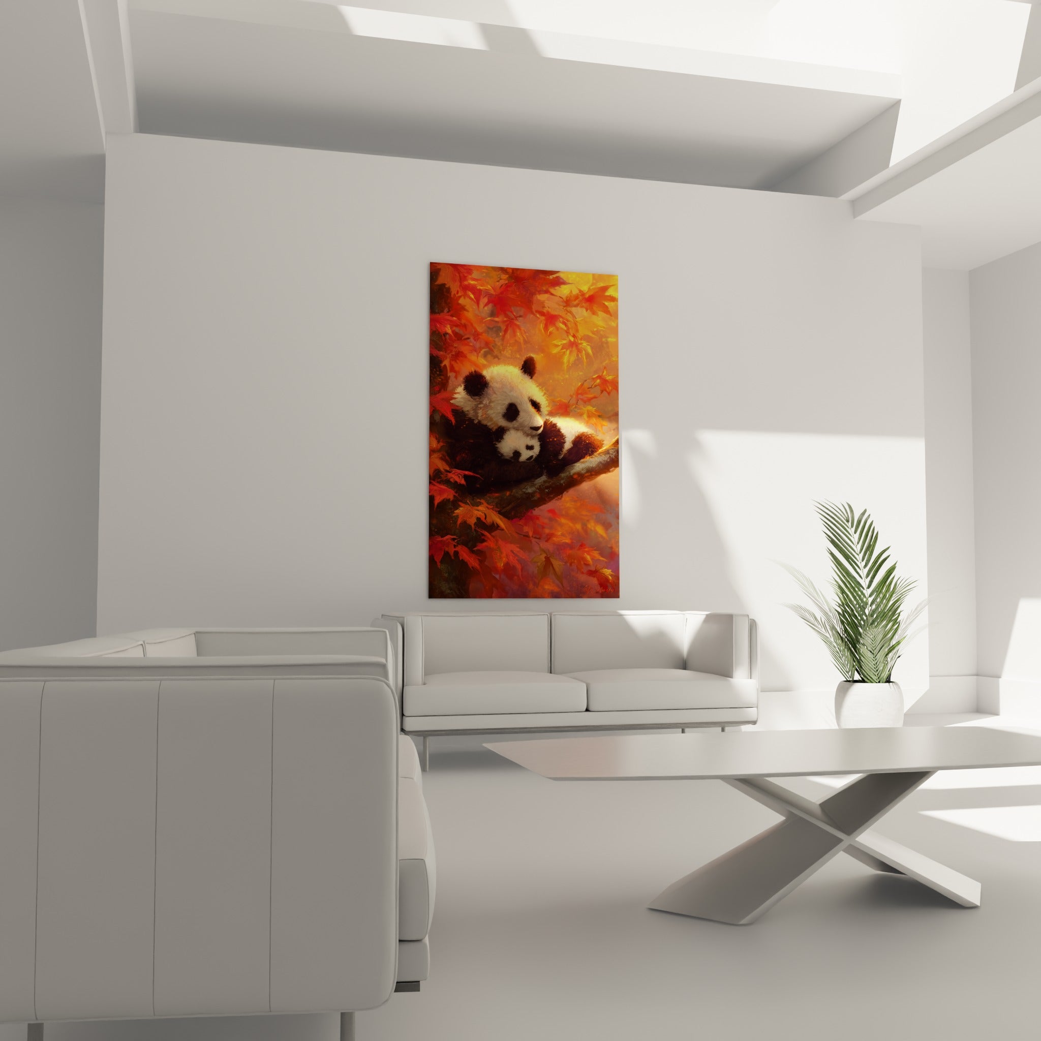 Deux pandas endormis parmi les feuillages rouge et doré, au-dessus d'un canapé dans un salon lumineux