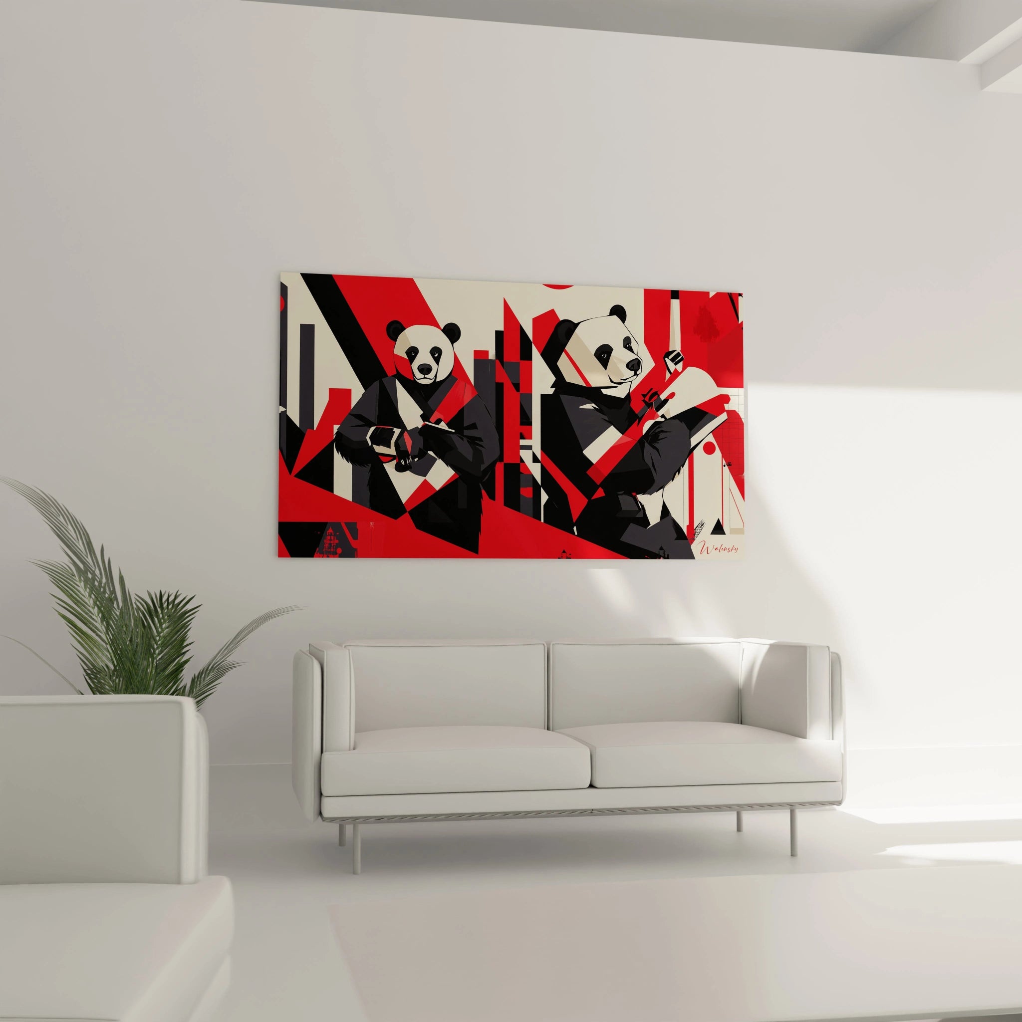 Tableau panda Walensky avec design moderne en noir, rouge et beige accroché au-dessus d'un canapé blanc dans un salon lumineux