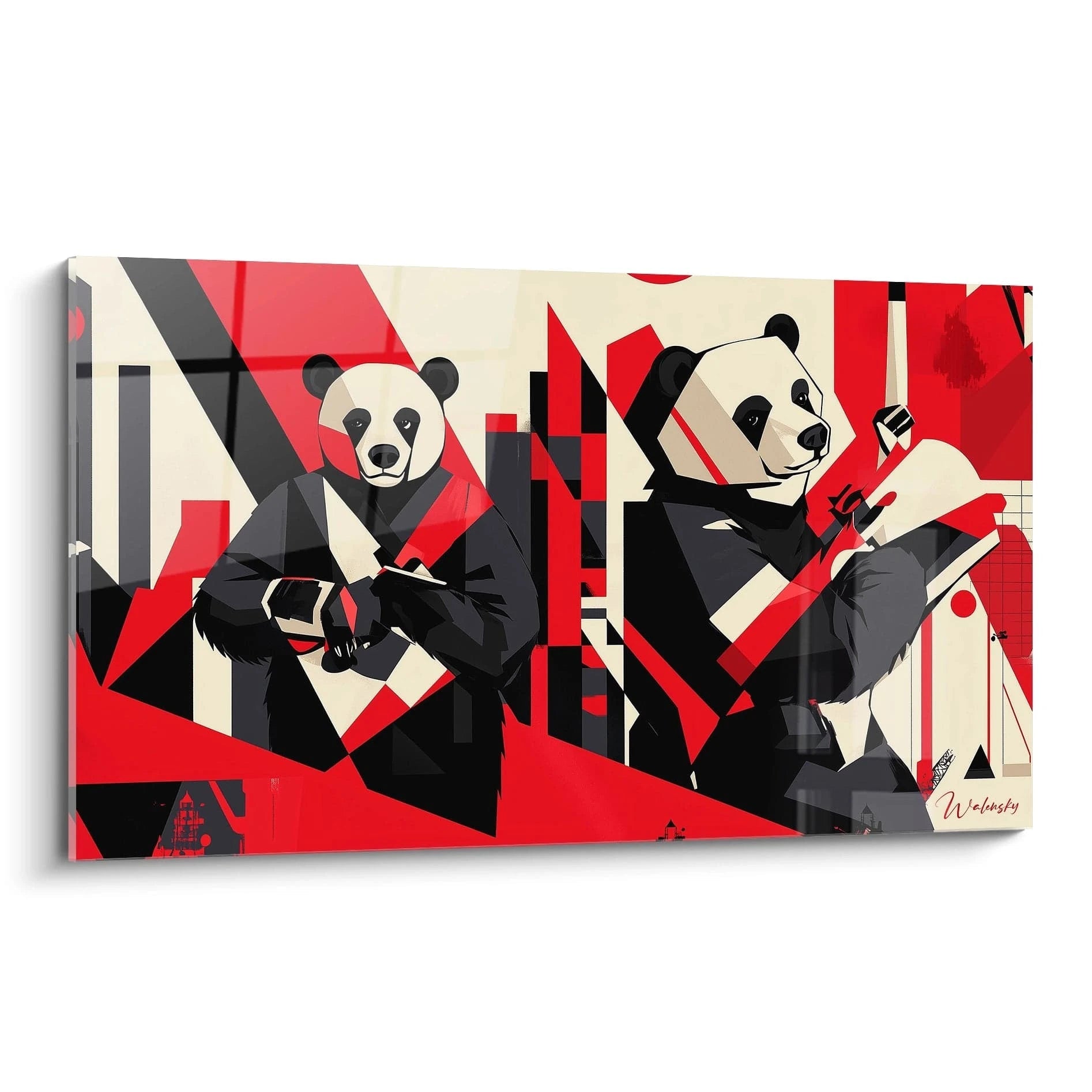 Tableau panda Walensky design moderne avec deux pandas stylisés en rouge, noir et blanc