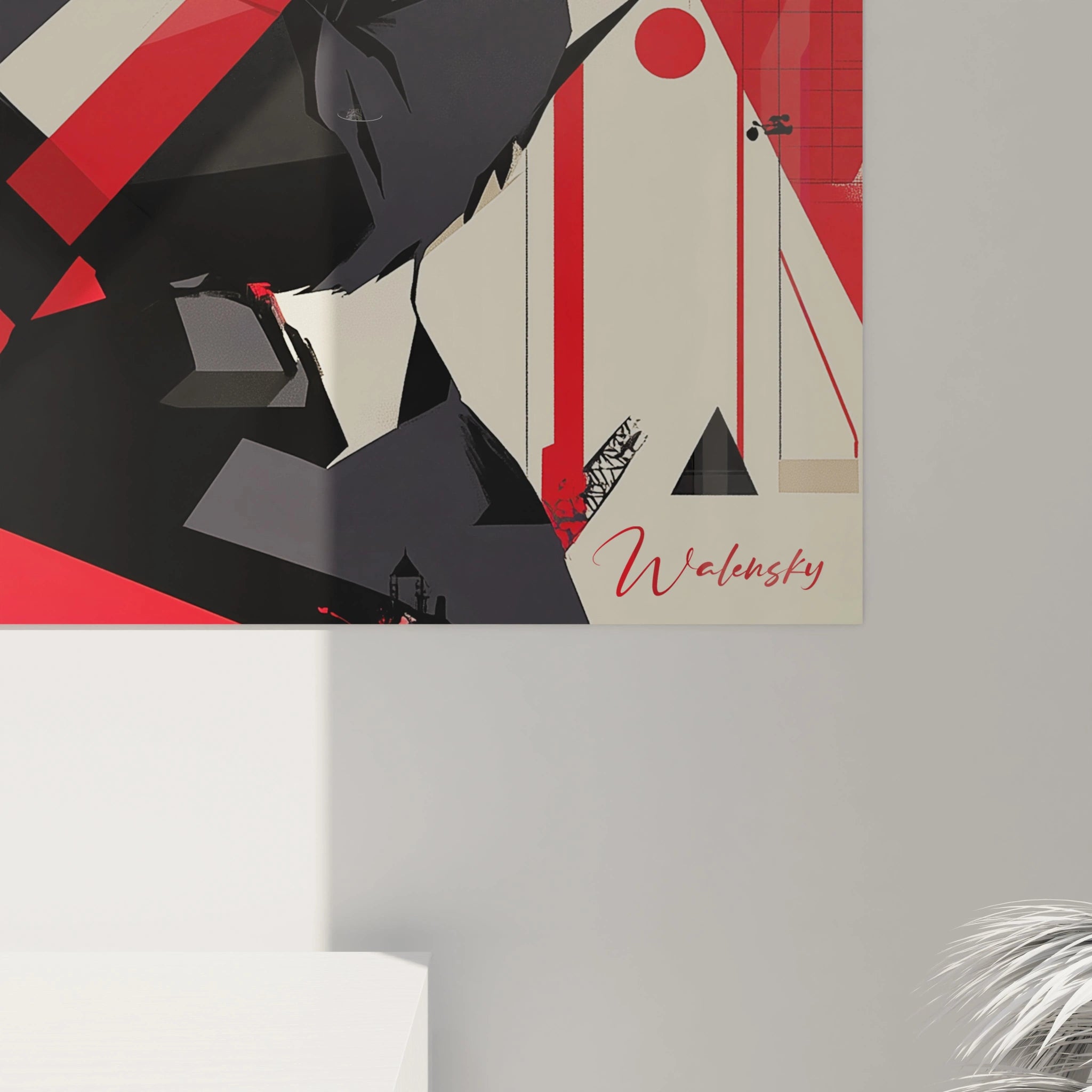 Tableau panda abstrait signé Walensky avec formes géométriques rouges, noires et crème décorant un mur