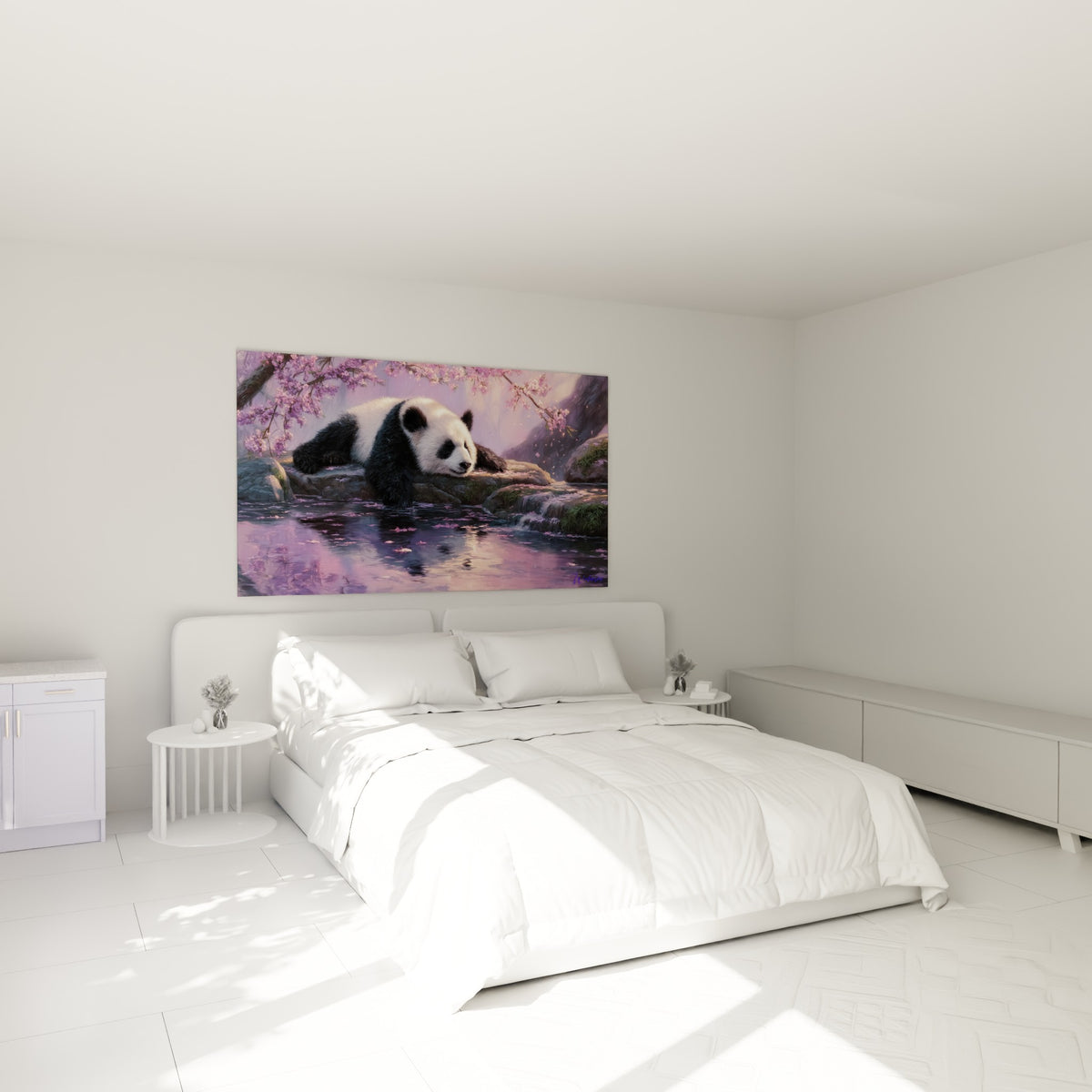 Panda assoupi entre rose poudré et mauve profond, accroché au-dessus d'un lit dans une chambre claire