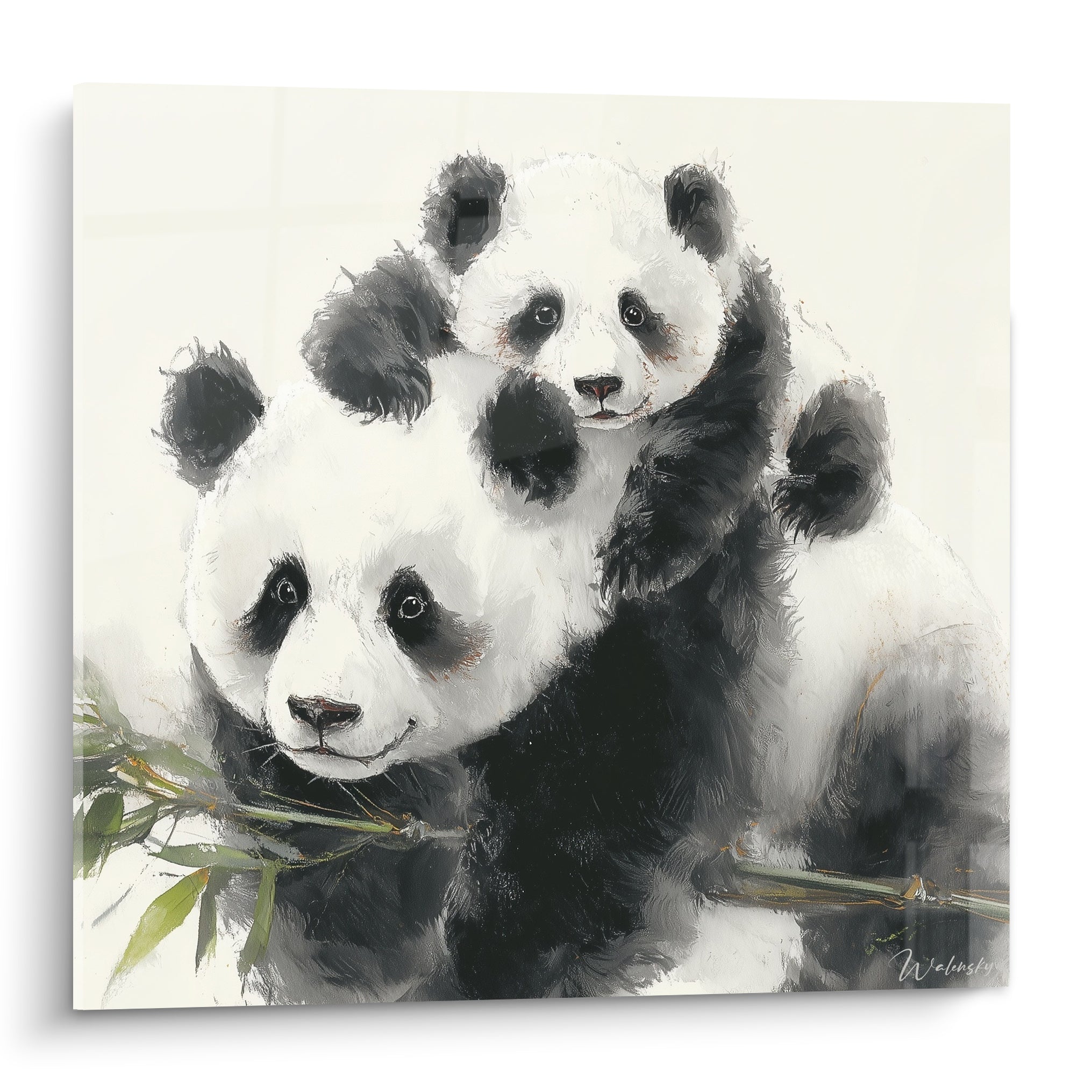 Pandas noir et blanc câlins, mère et petit peints sur fond ivoire avec bambou vert