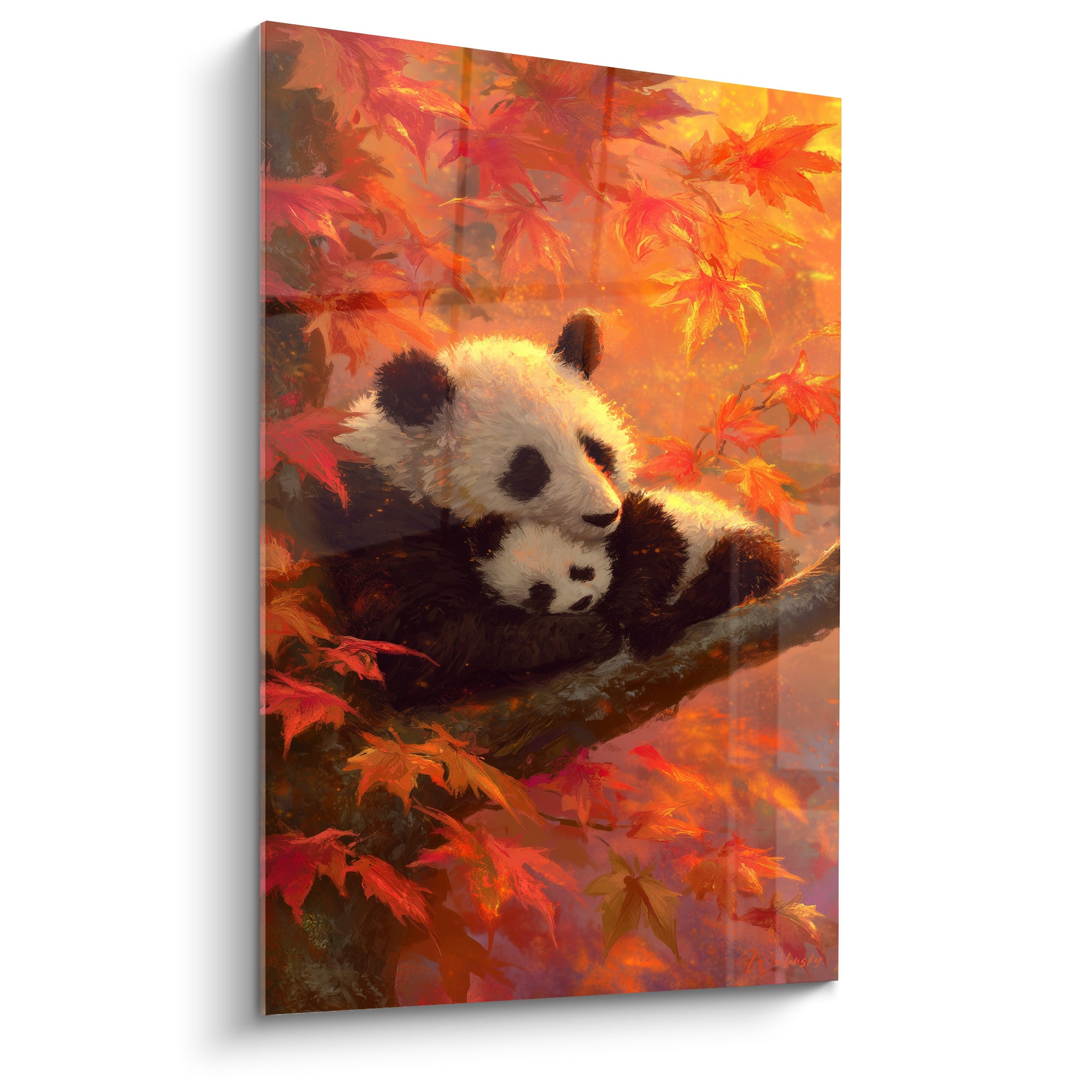 Panda blanc et noir enlace son petit sous des feuilles orangées et rouges éclatantes