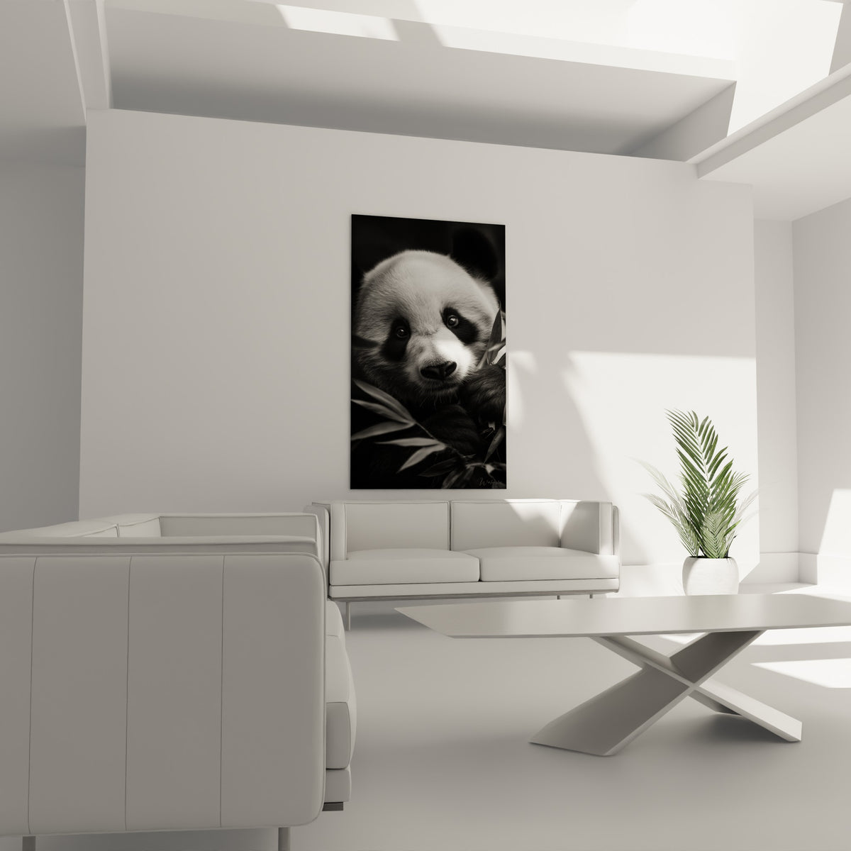 Museau de panda noir profond et blanc pur entouré de bambou, au-dessus d'un canapé dans un salon lumineux