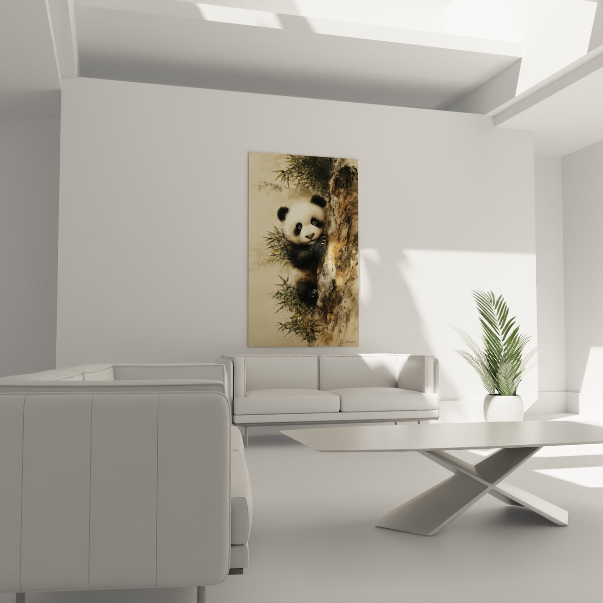 Museau attendrissant du panda aux yeux sombres, pelage noir et blanc, au-dessus d'un canapé dans un salon lumineux