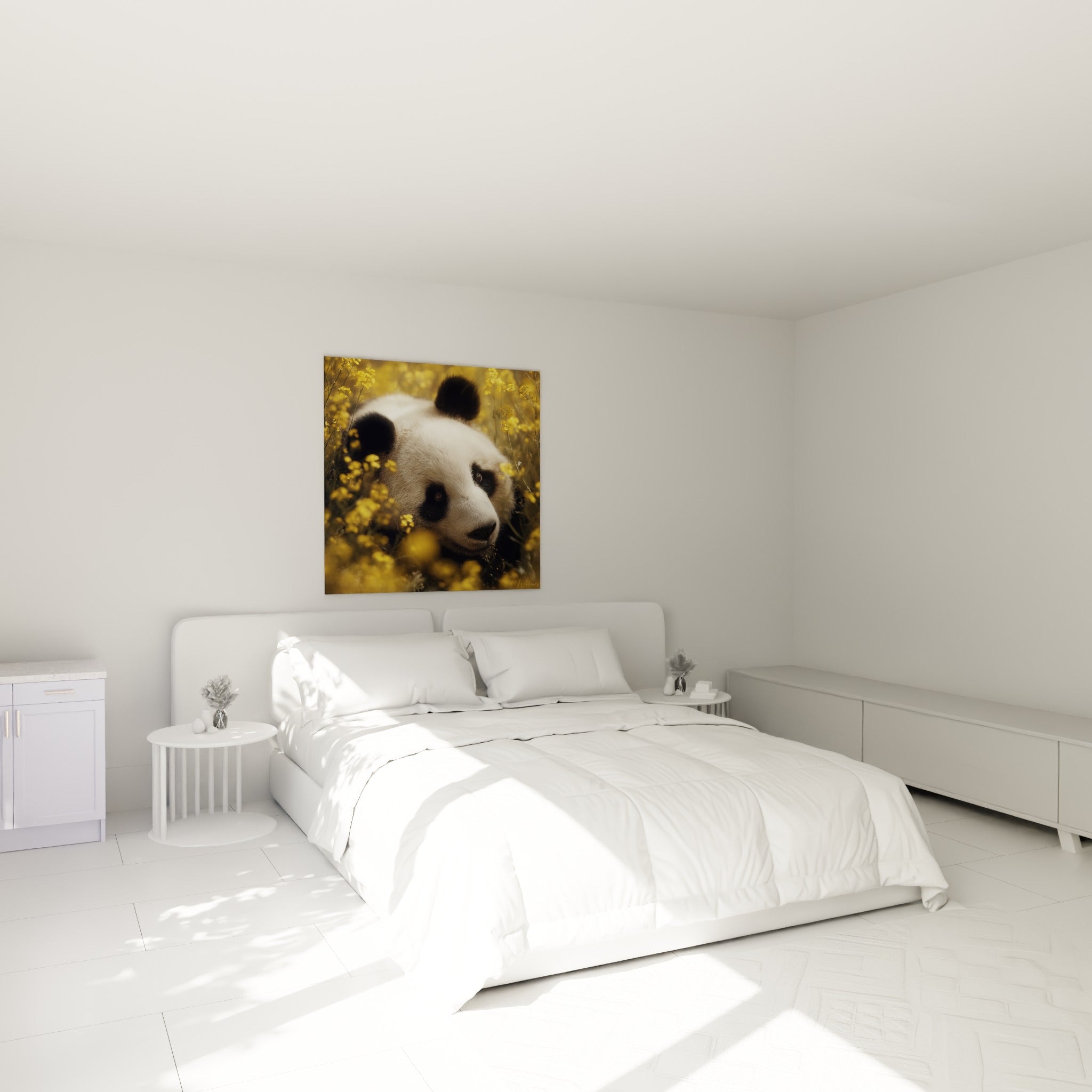 Panda au pelage crème et taches noires, regard brun doux, au-dessus d'un lit dans une chambre claire