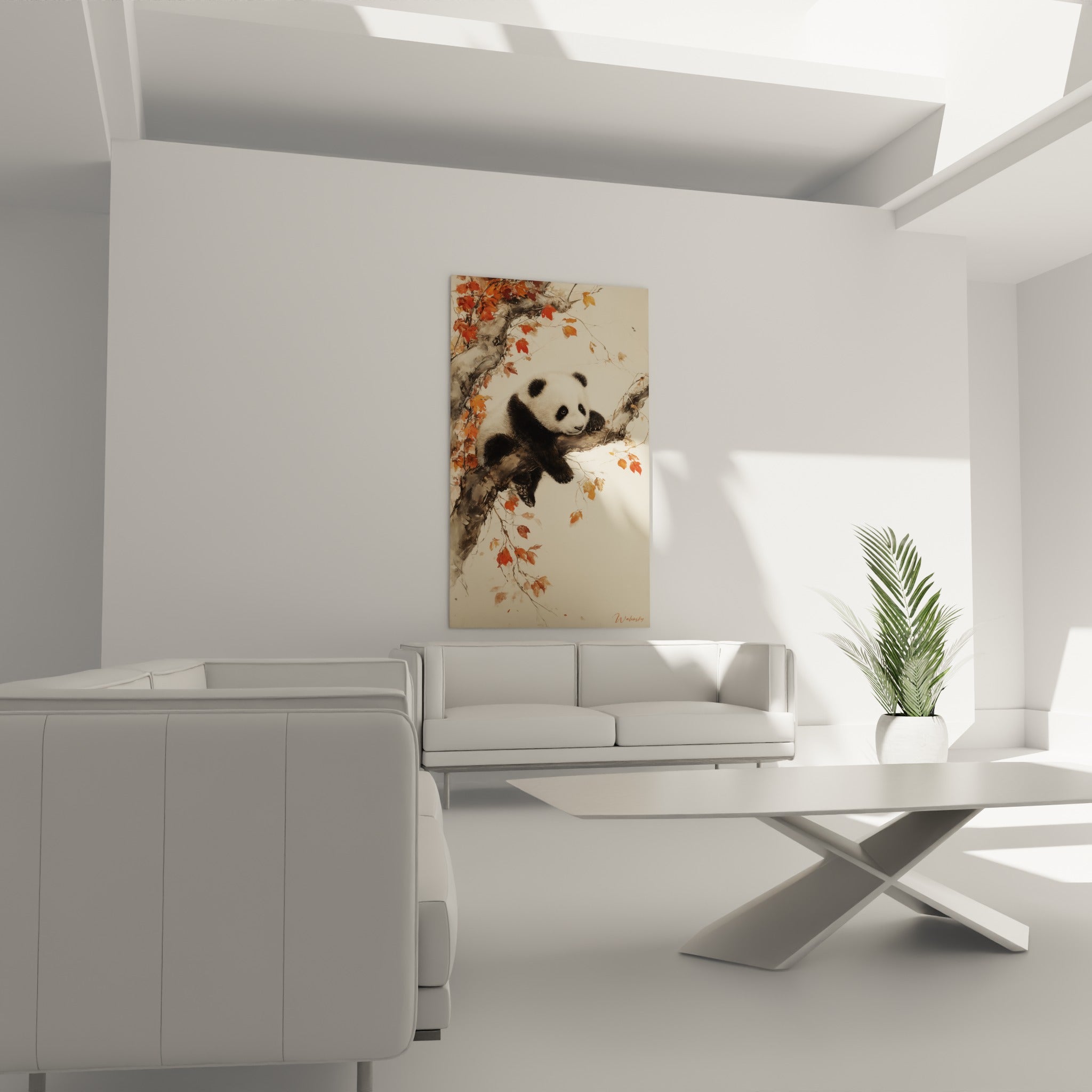 Animal au pelage noir et blanc reposant sur un rameau roux, au-dessus d'un canapé dans un salon lumineux