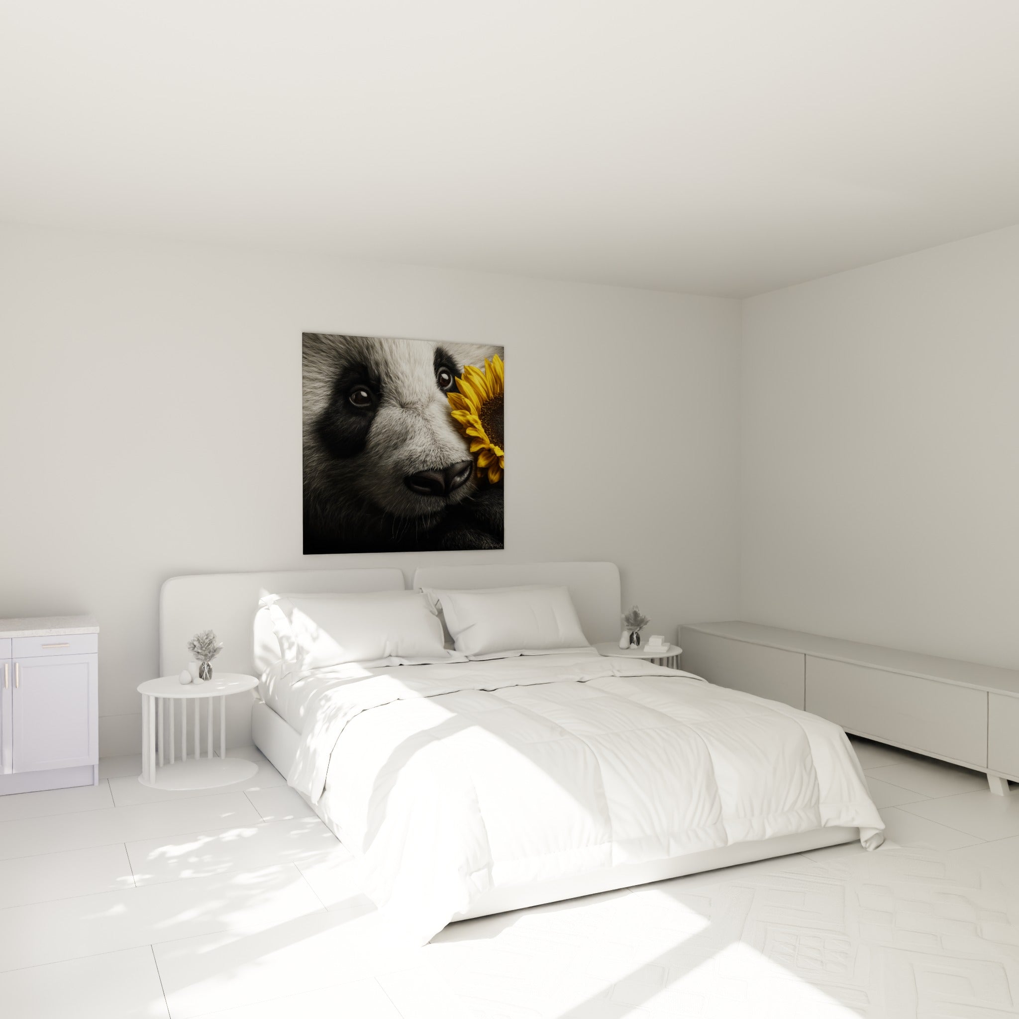 Panda noir et blanc au tournesol jaune, accroché au-dessus d'un lit dans une chambre claire