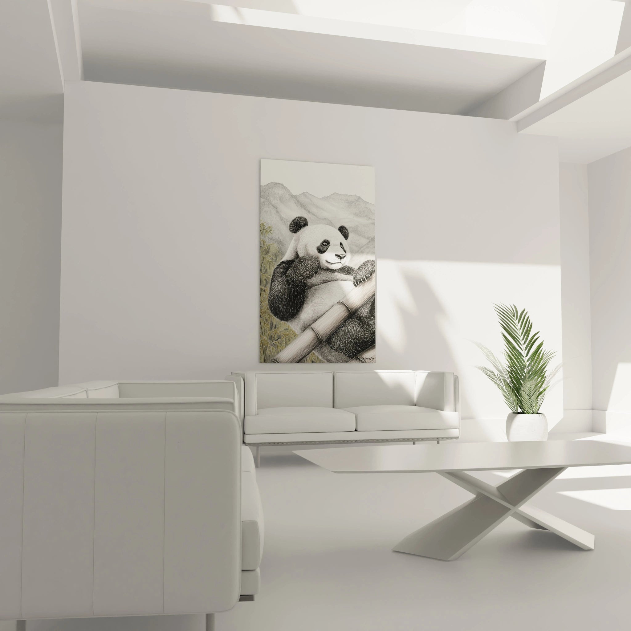 Tableau panda Walensky accroché dans un salon moderne blanc avec canapé et plante verte
